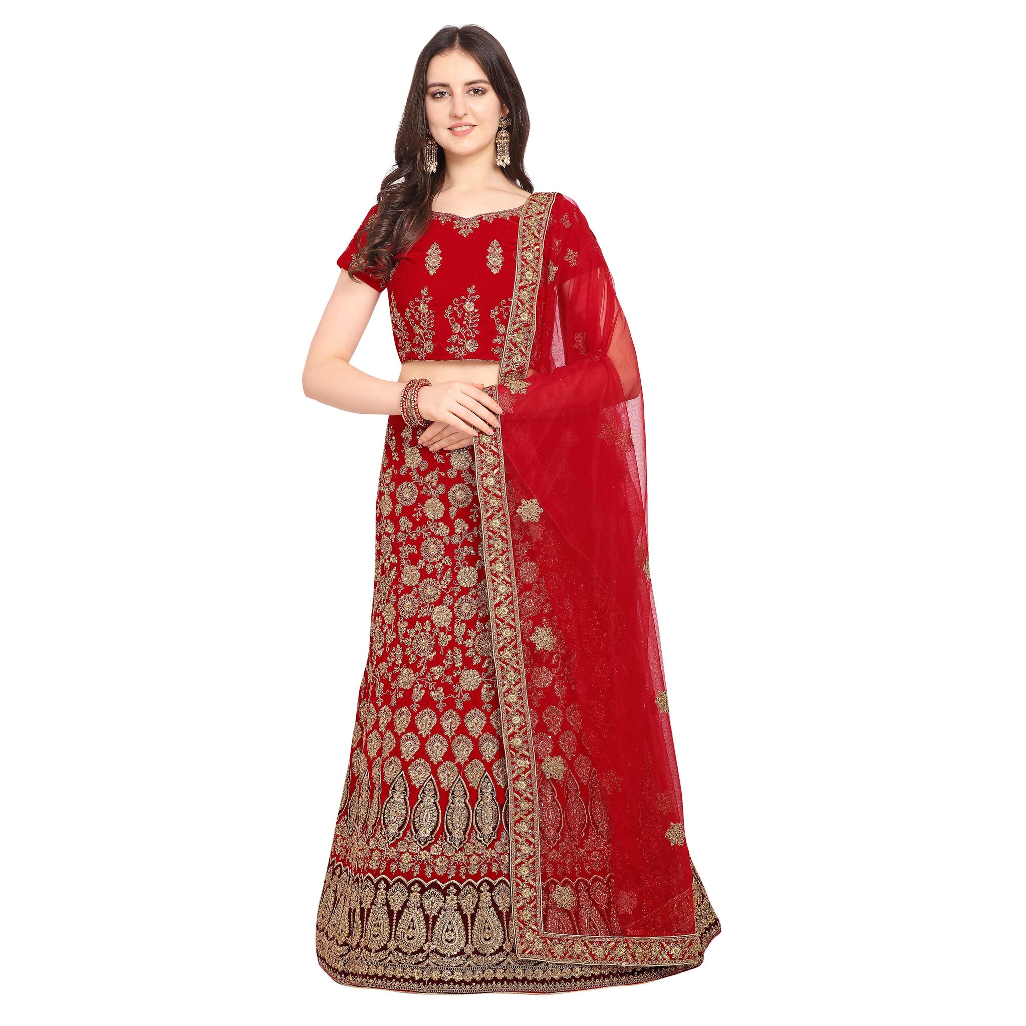 

Vsales Women s Red Semi Stiched Embroidered Velvet Lehenga Choli