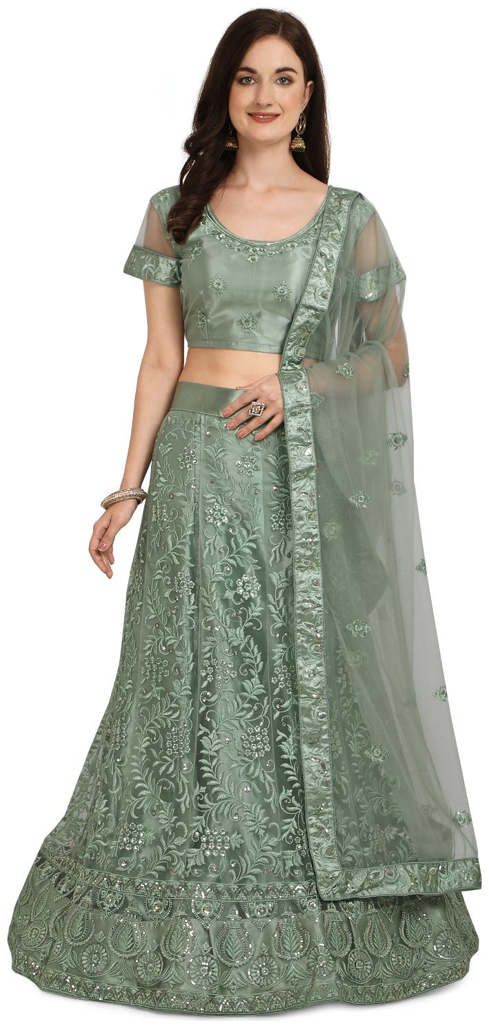 

Vsales Women Net Semi Stitched Lehenga Choli Dupatta (Green)