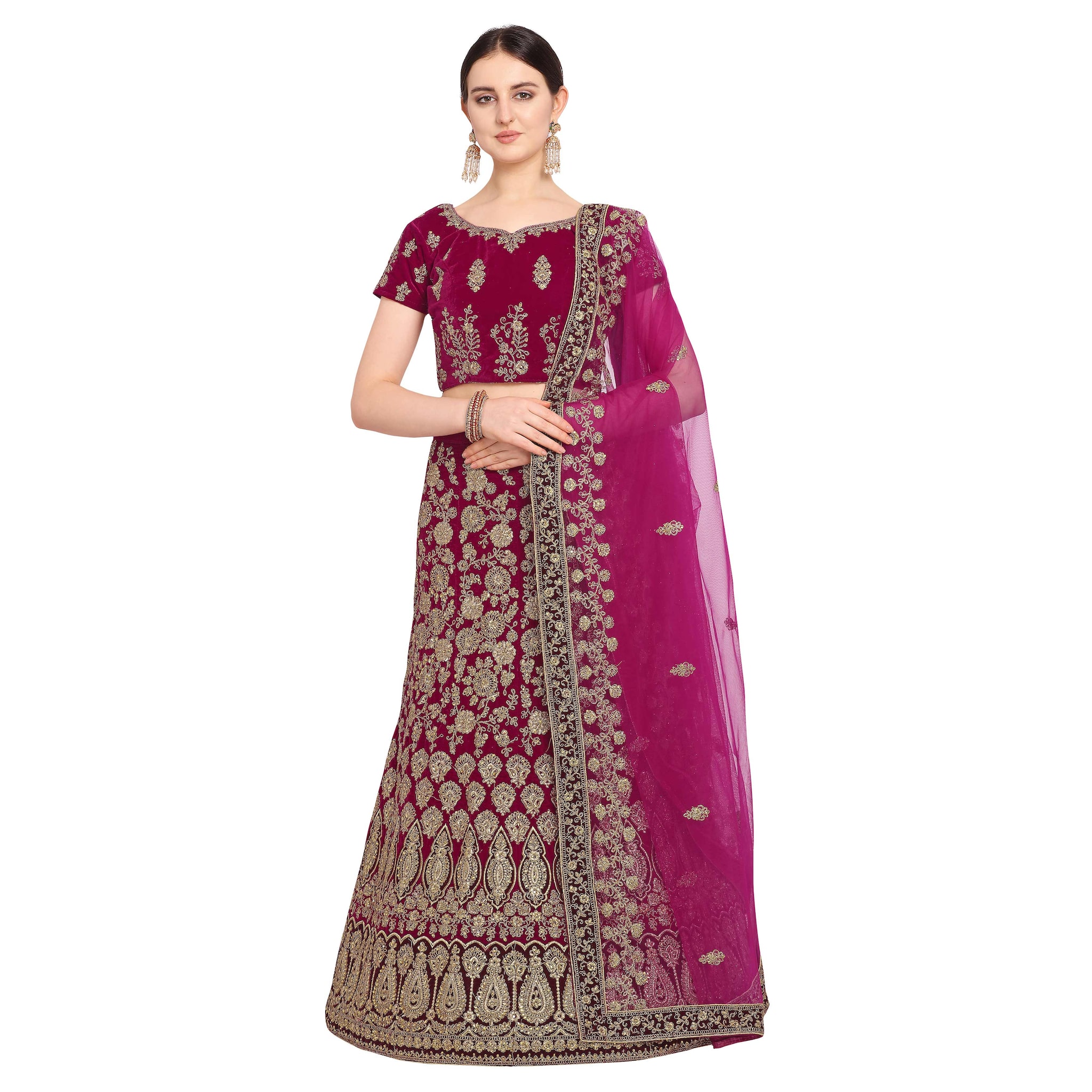 

Vsales Women s Pink Semi Stiched Embroidered Velvet Lehenga Choli