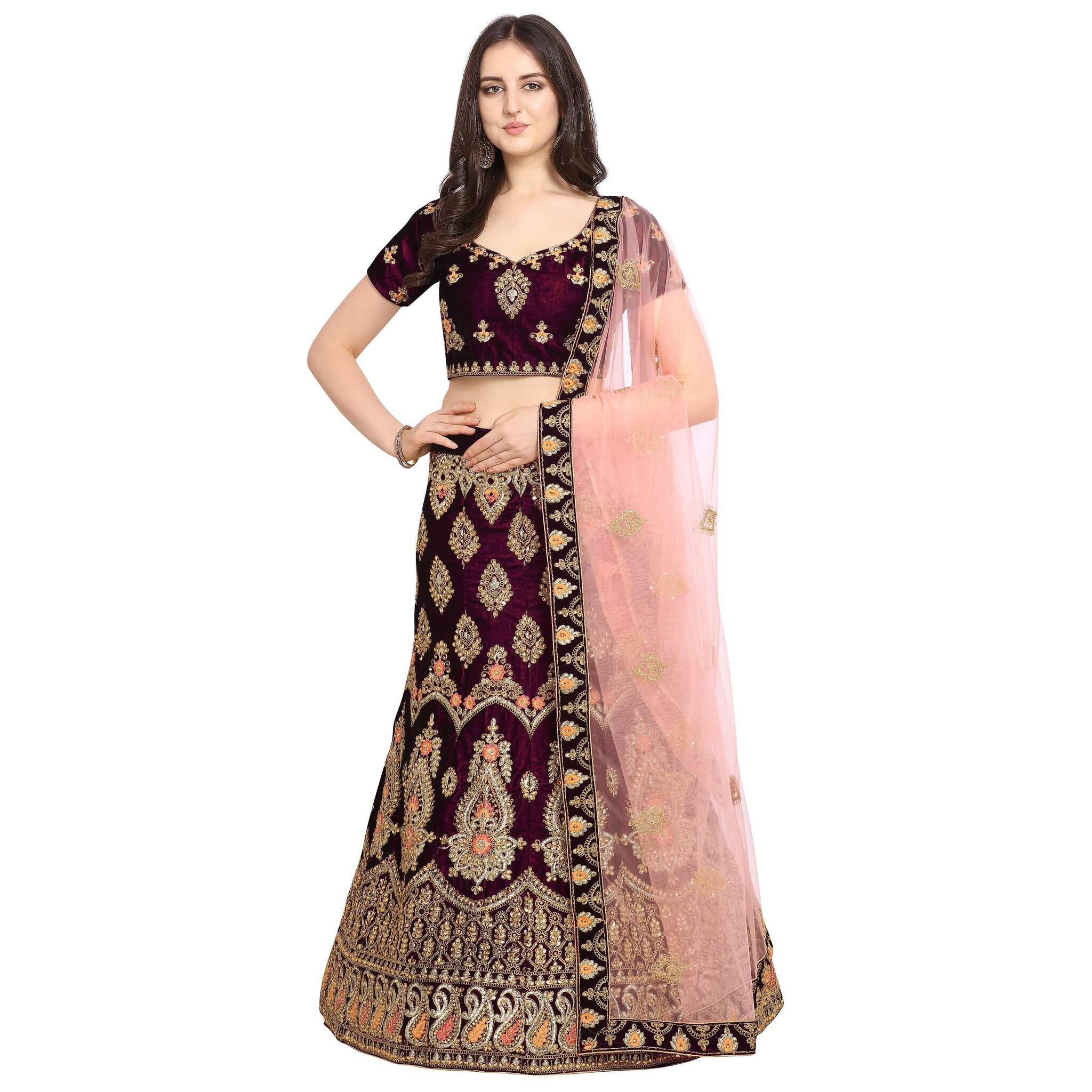 

Vsales Women s Purple Semi Stiched Embroidered Velvet Lehenga Choli