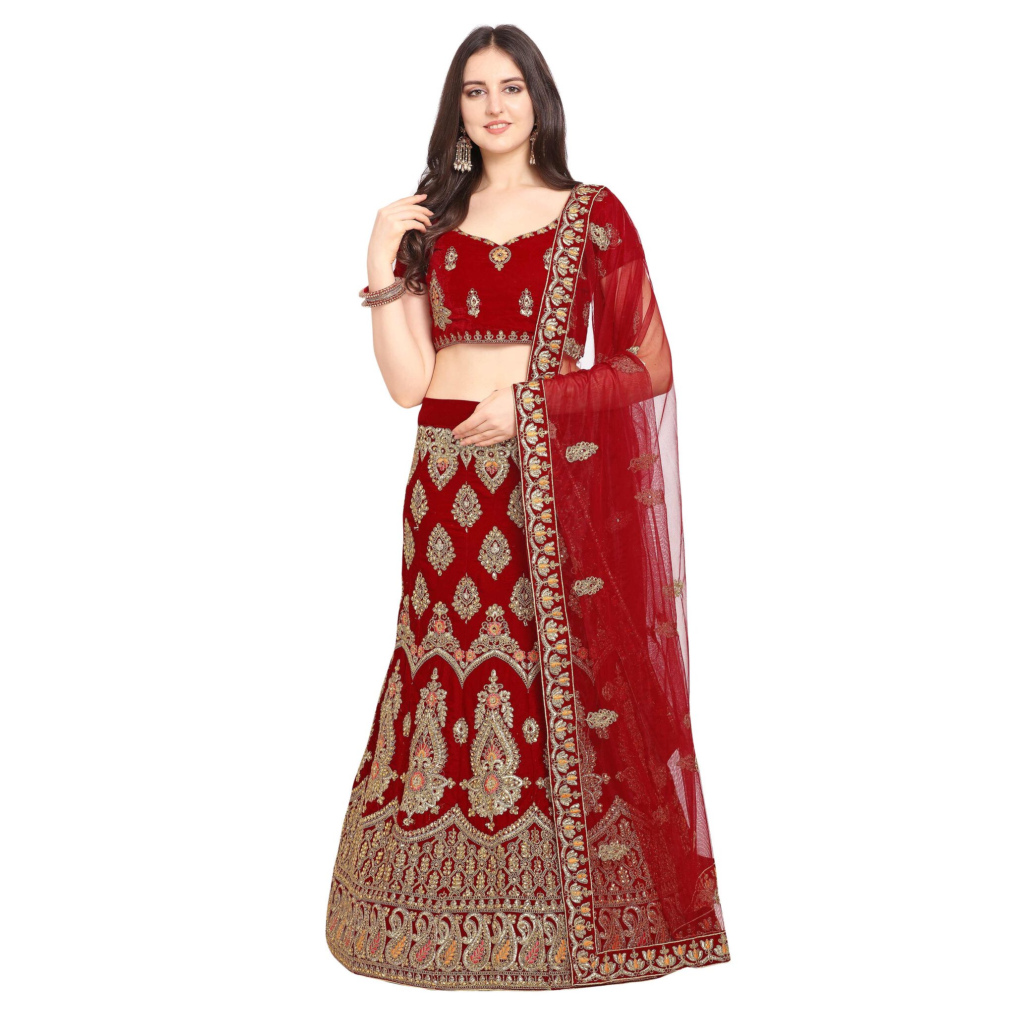 

Vsales Women s Maroon Semi Stiched Embroidered Velvet Lehenga Choli