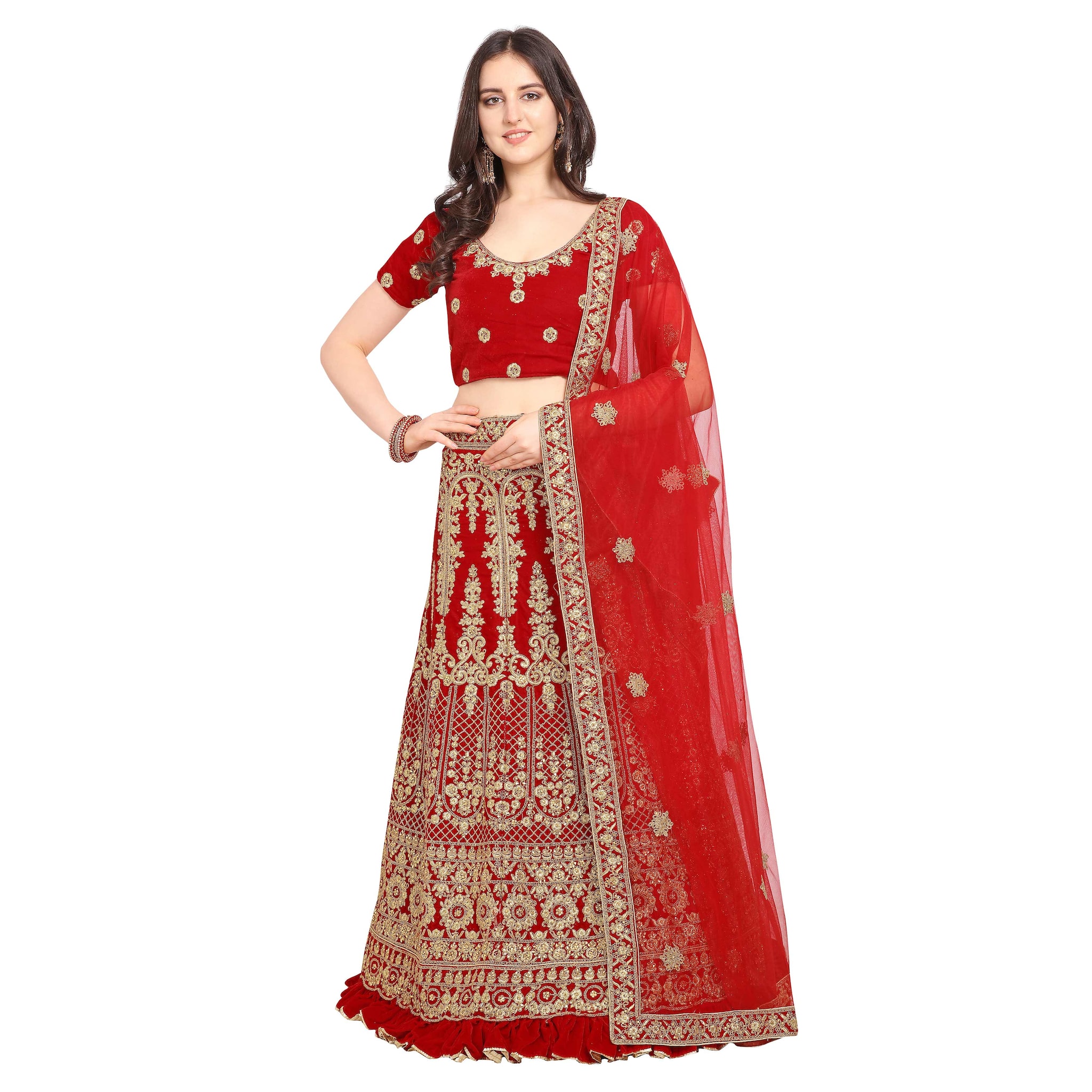 

Vsales Women s Red Semi Stiched Embroidered Velvet Lehenga Choli