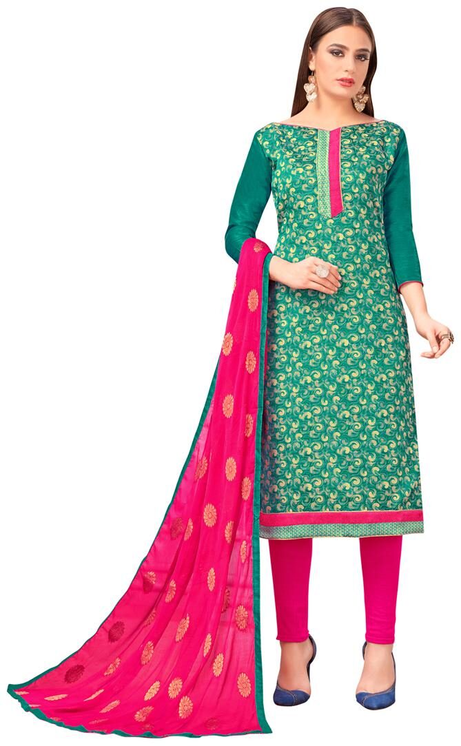 

VSALES Women Silk Printed Kurta Bottom Dupatta Green Pink