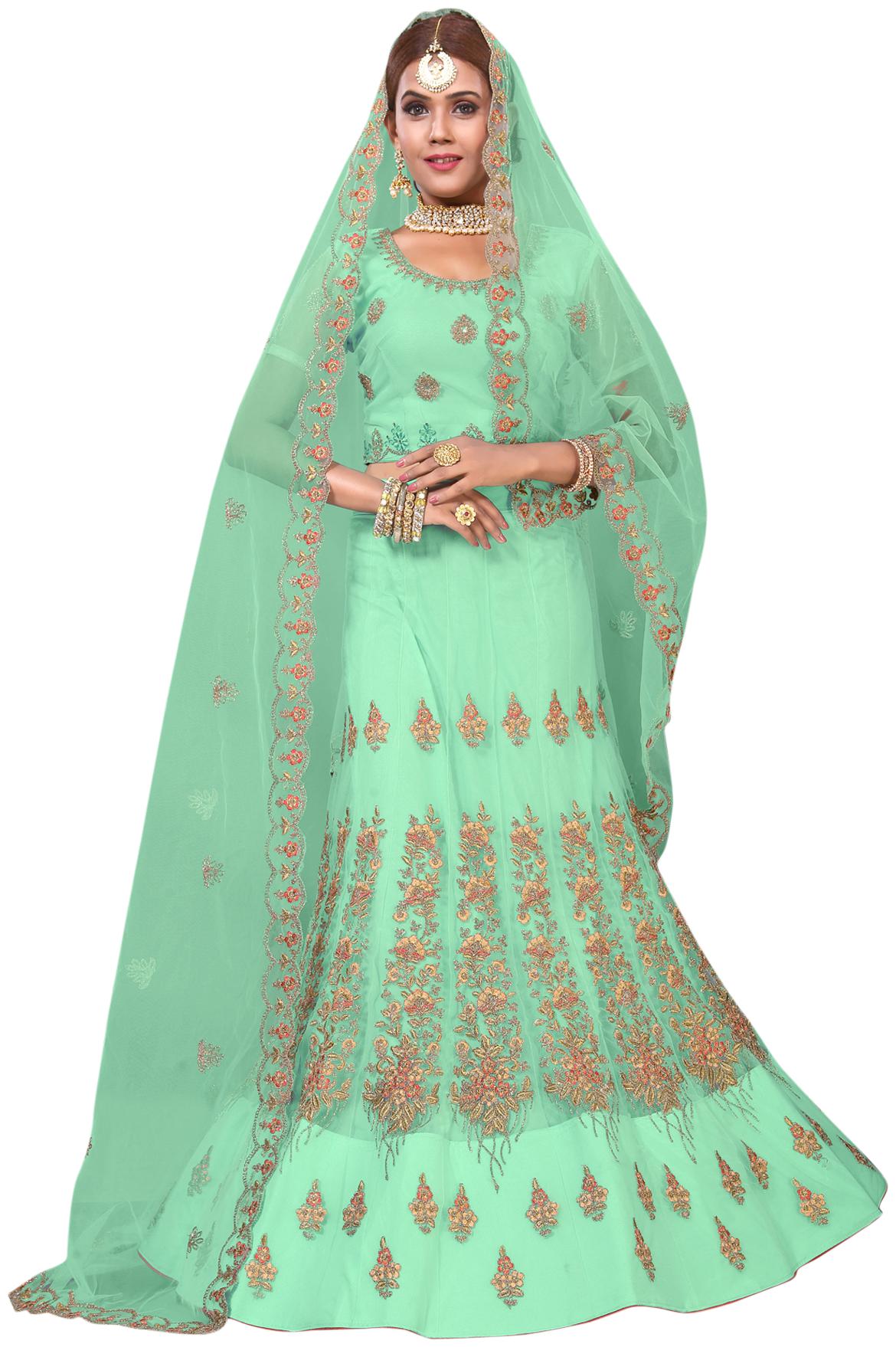 

VSALES Women Spring Green Semi Stiched Embroidered Net Lehenga Choli