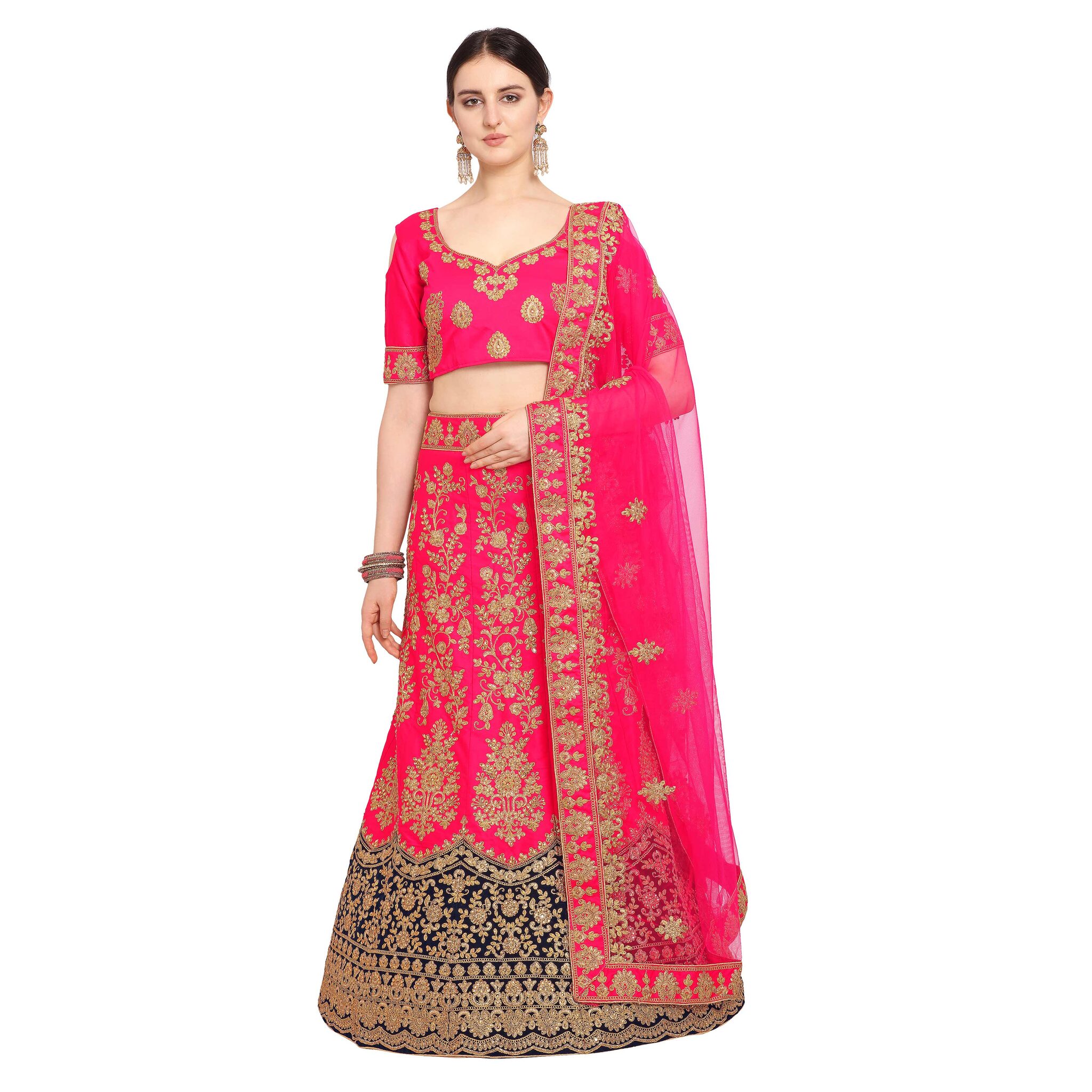 

Vsales Women s Pink Semi Stiched Embroidered Malay Sattin Lehenga Choli