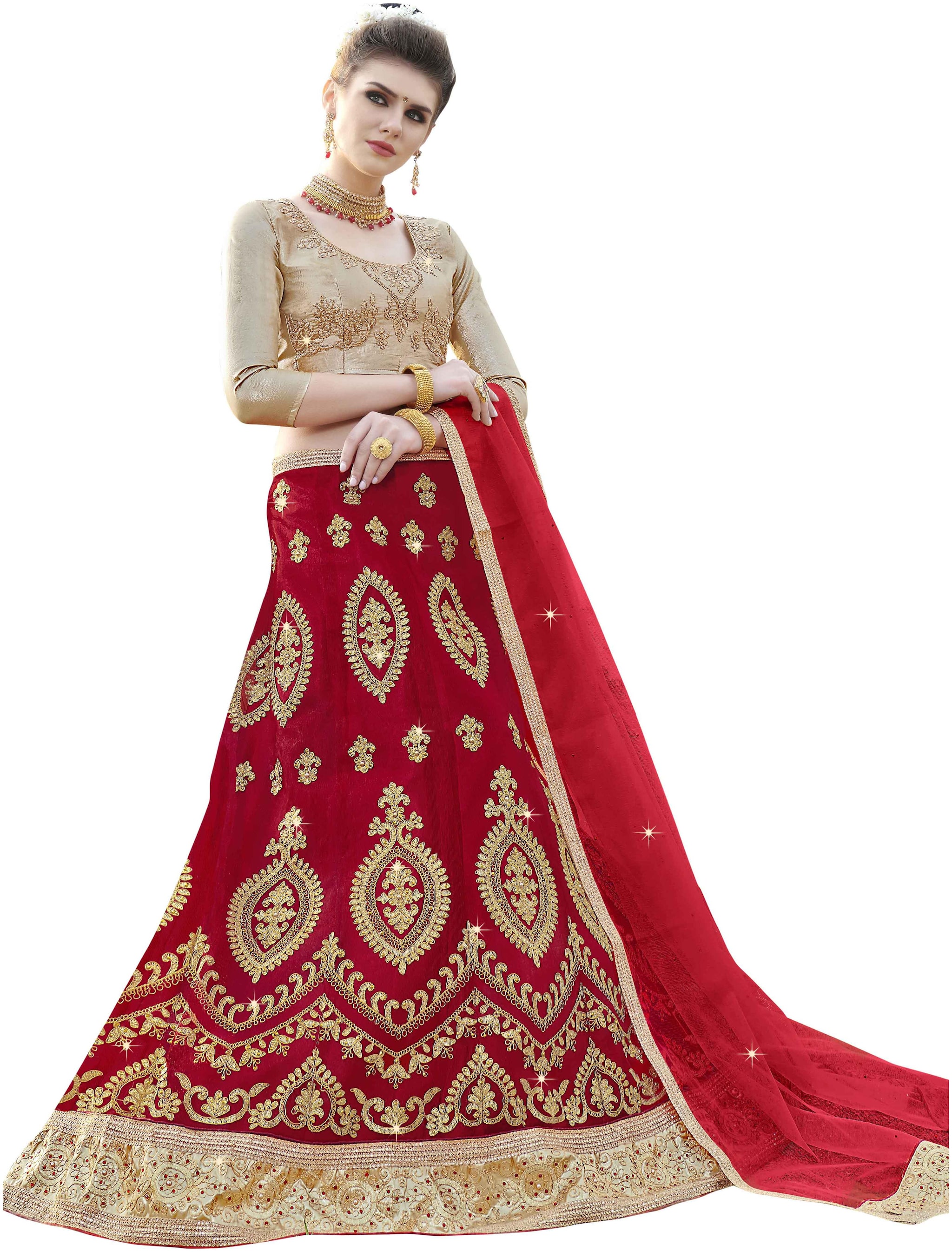 

VSALES Women Red Semi Stiched Embroidered Net Lehenga Choli
