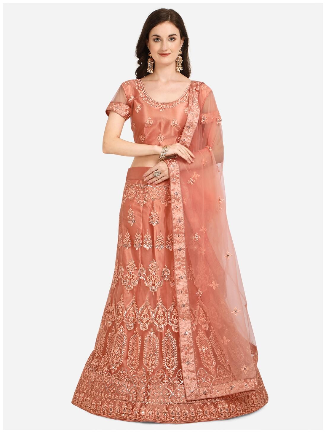 

Vsales Women Net Semi Stitched Lehenga Choli Dupatta (Peach)
