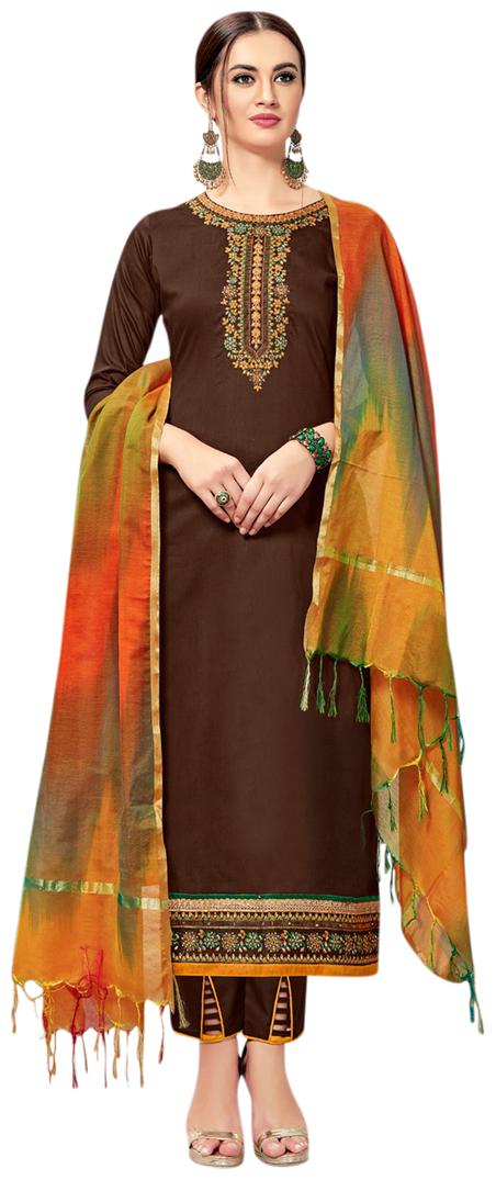 

VSALES Women Cotton Embroidered Kurta Bottom Dupatta Brown