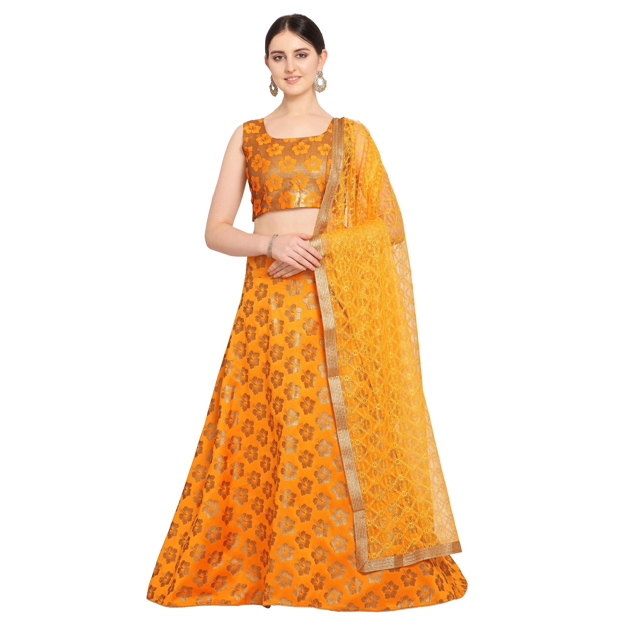 

Vsales Women s Mustard Semi Stiched Woven Jacquard Lehenga Choli