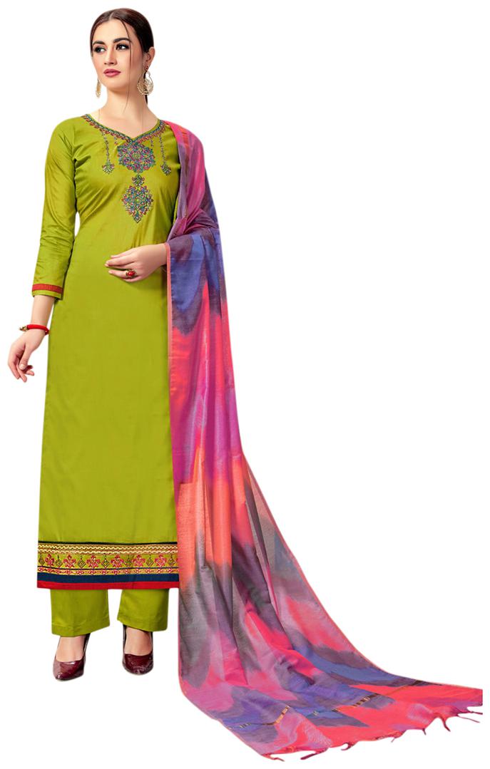 

VSALES Women Cotton Embroidered Kurta Bottom Dupatta Green