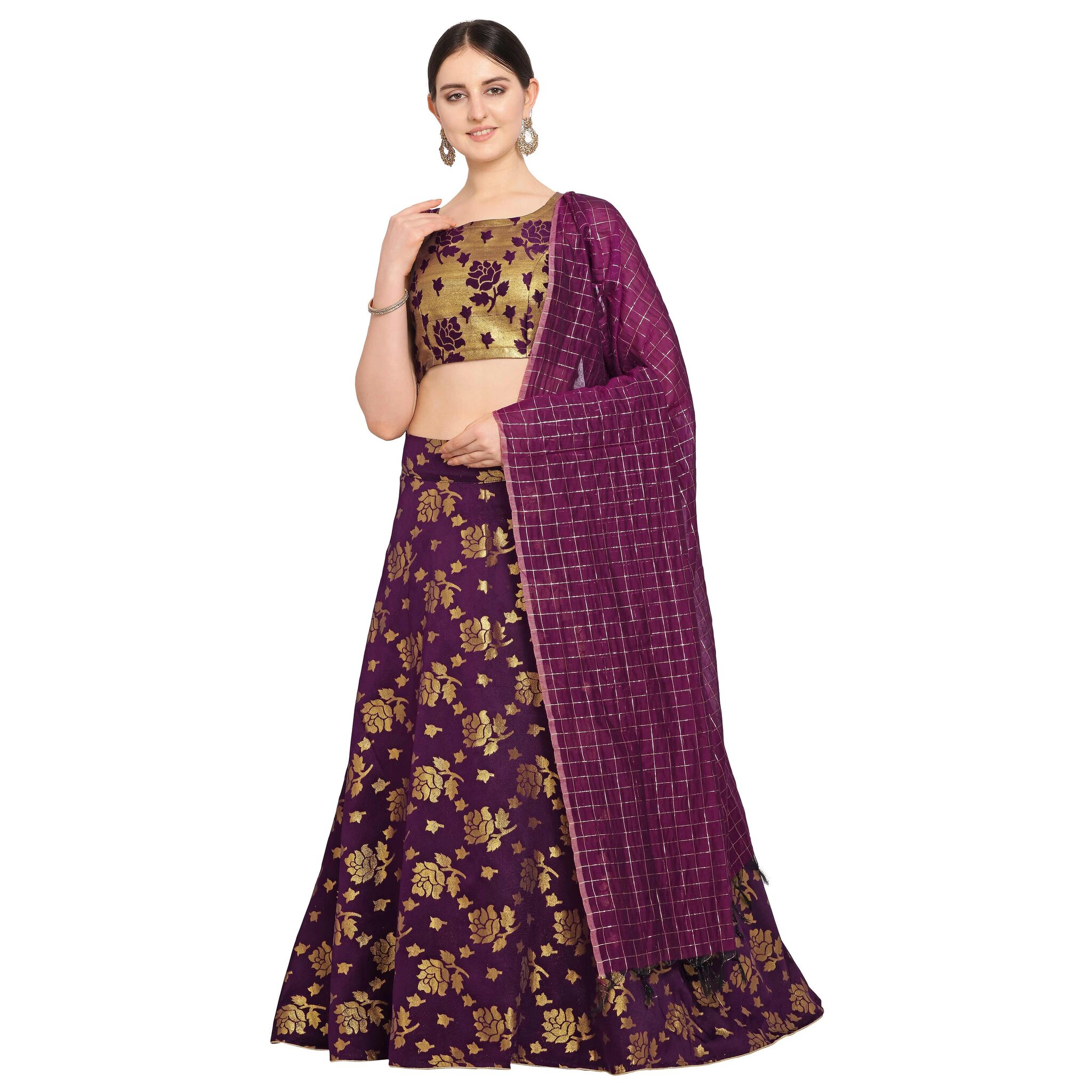 

Vsales Women s Purple Semi Stiched Woven Jacquard Lehenga Choli
