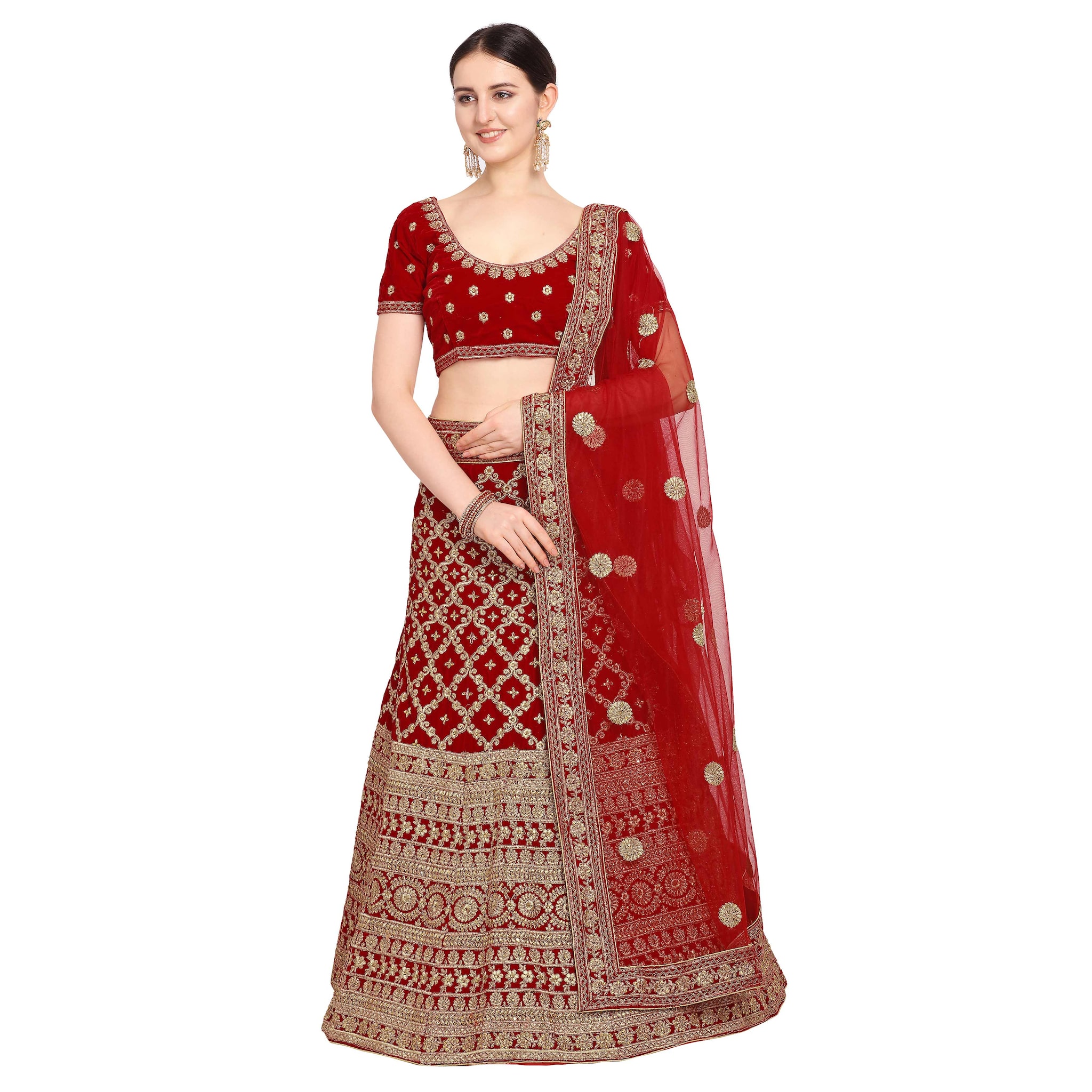 

Vsales Women s Red Semi Stiched Embroidered Velvet Lehenga Choli