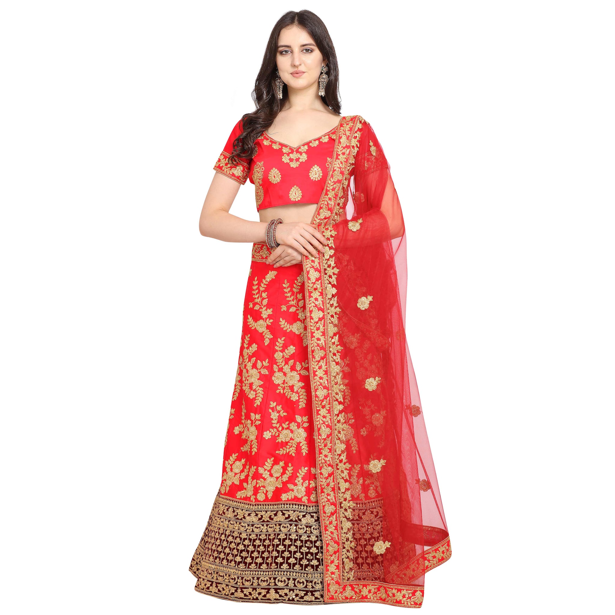 

Vsales Women s Red Semi Stiched Embroidered Malay Sattin Lehenga Choli
