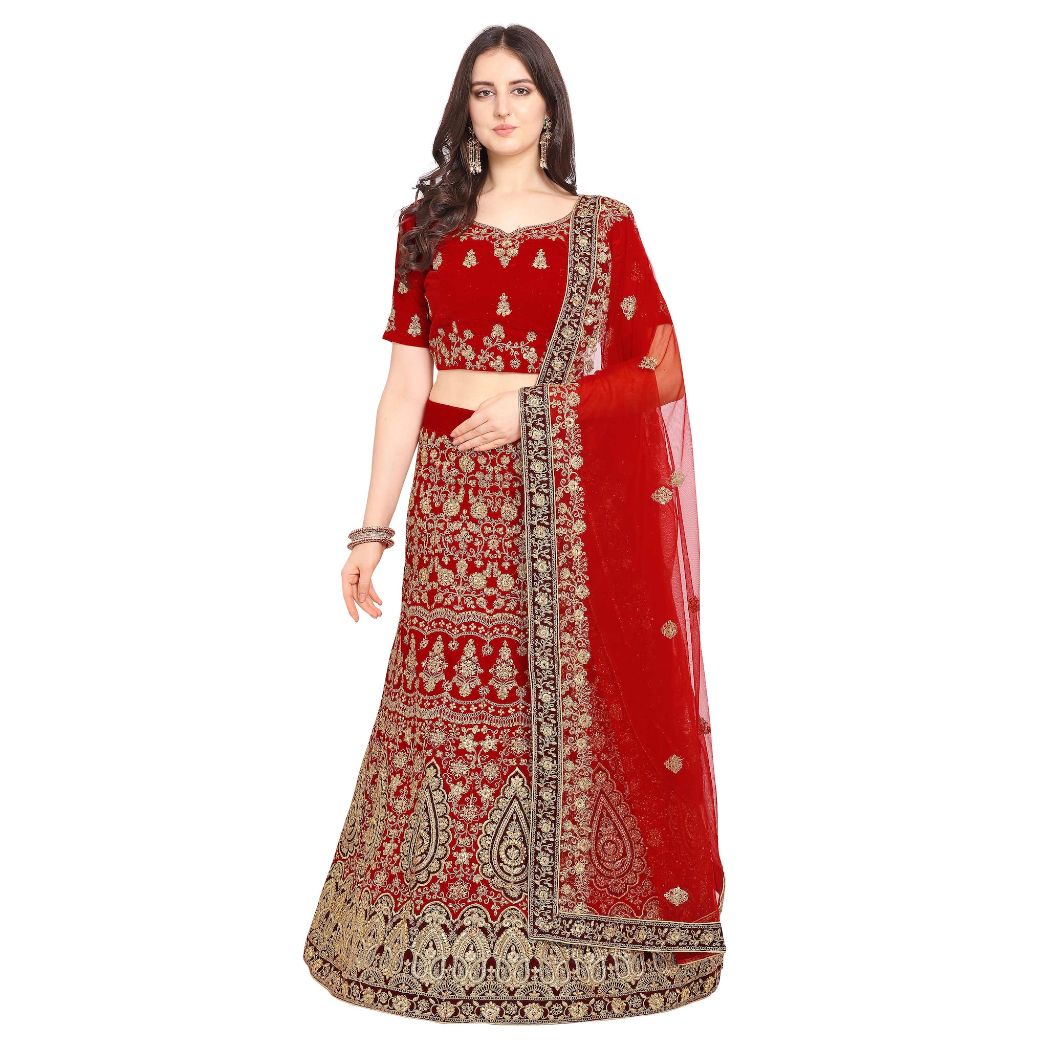 

Vsales Women s Red Semi Stiched Embroidered Velvet Lehenga Choli