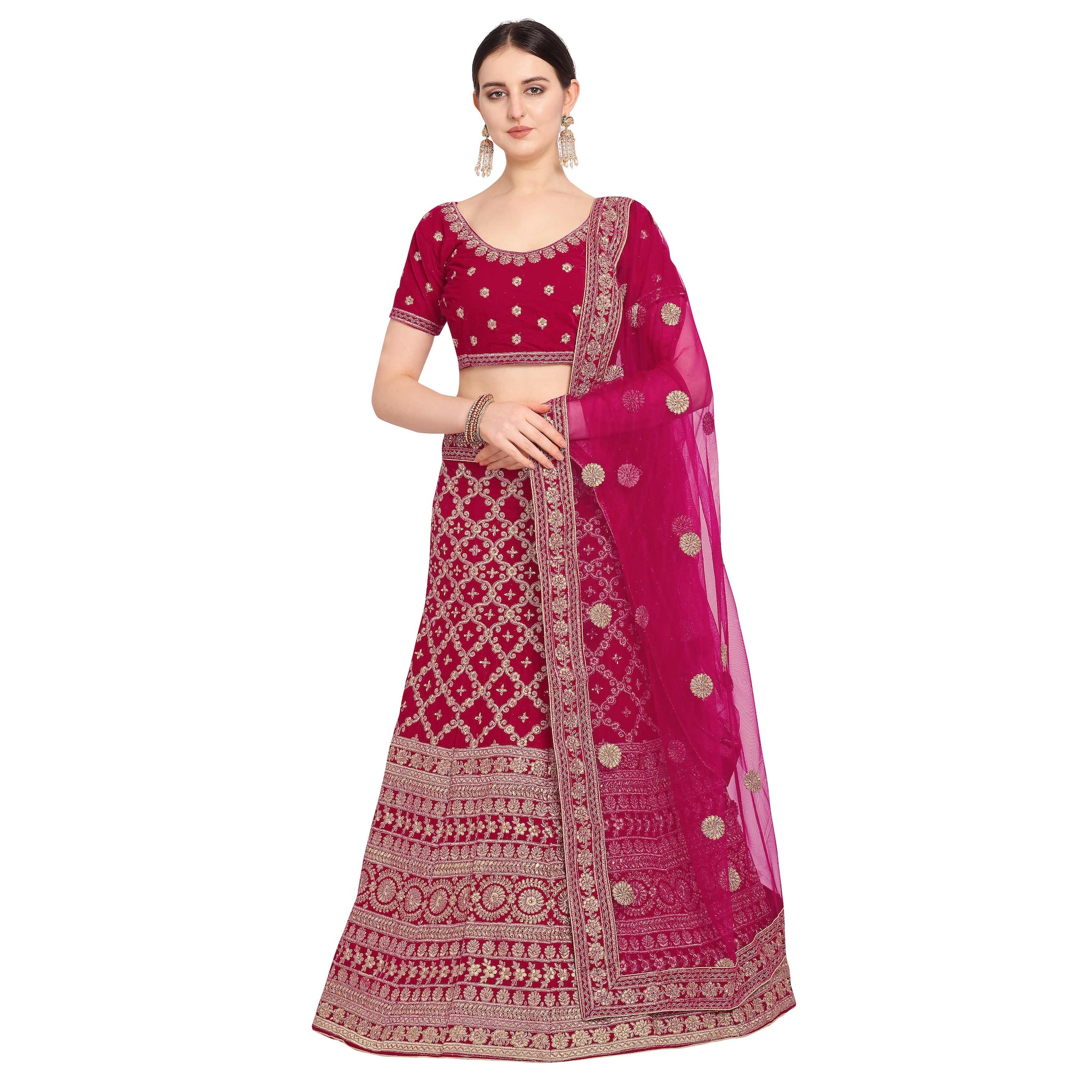

Vsales Women s Pink Semi Stiched Embroidered Velvet Lehenga Choli