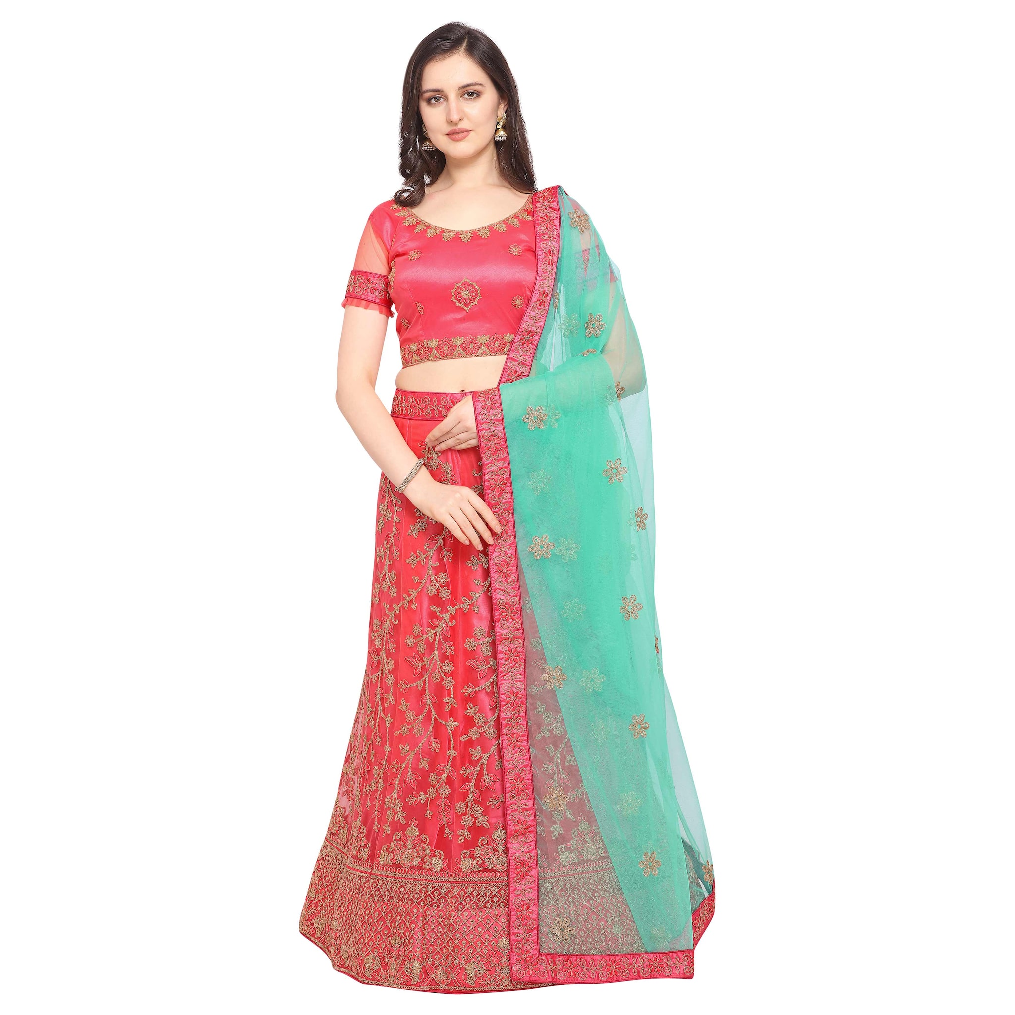

Vsales Women s Pink Semi Stiched Embroidered Net Lehenga Choli