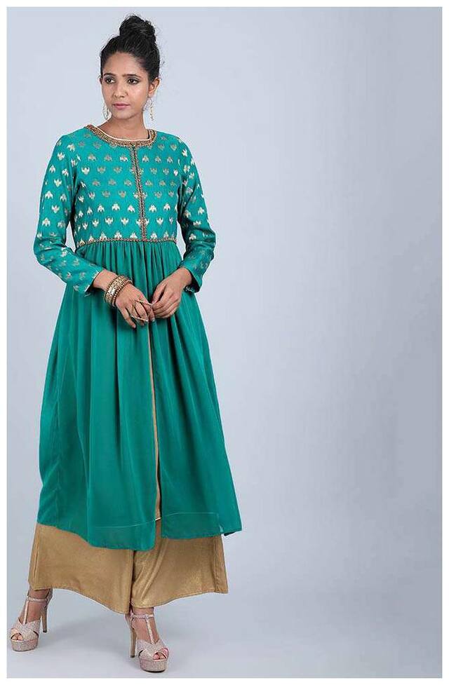 W Women Green Printed Straight Kurta