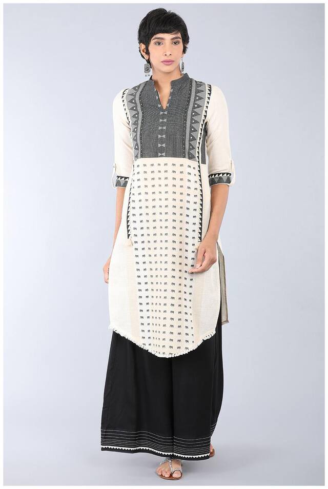 W Women Off White Printed Straight Kurta