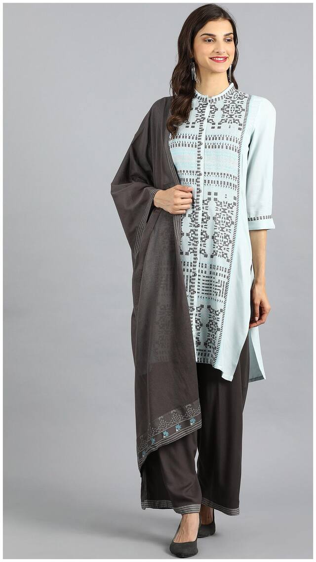 W Women Blue Printed Straight Kurta