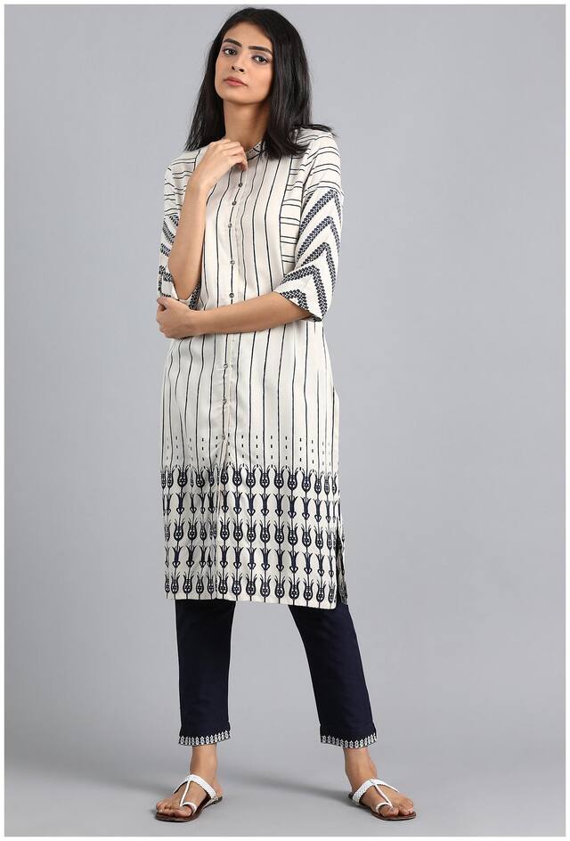 W Women Grey Striped Straight Kurta