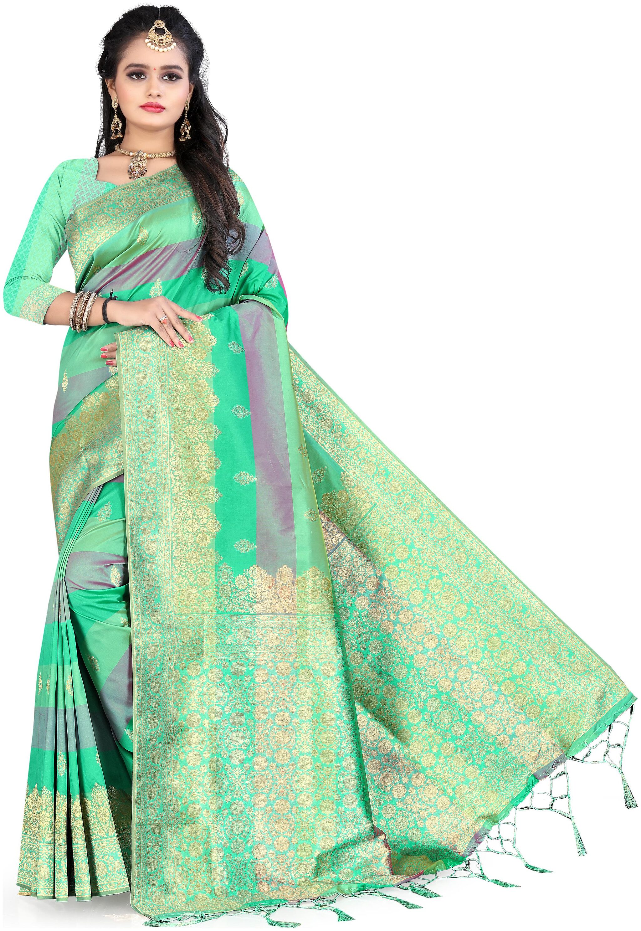 

Wax Berry Jacquard Zari Work Party Wear Green Saree