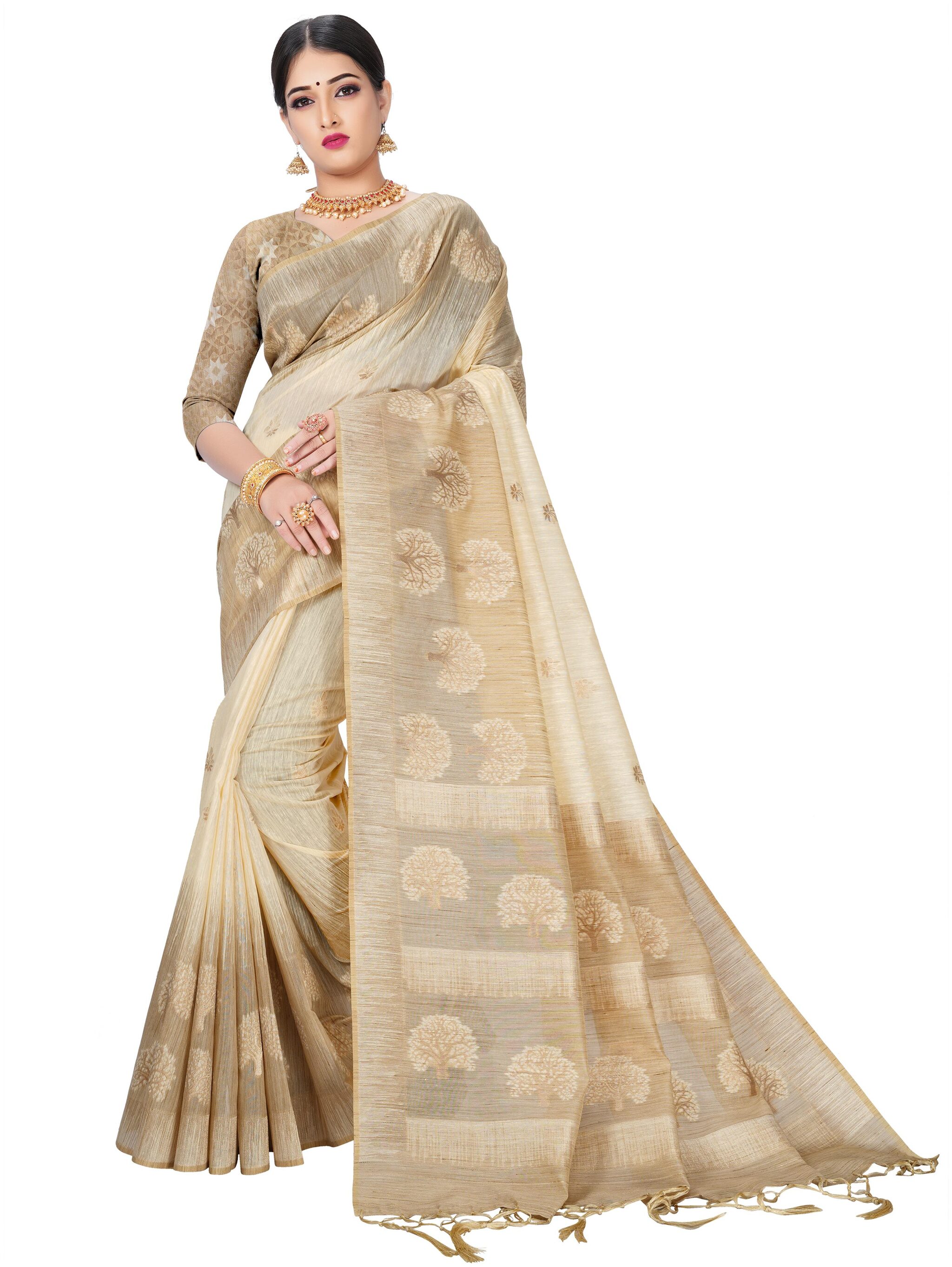 

Wax Berry Women Jacquard Woven Saree Cream