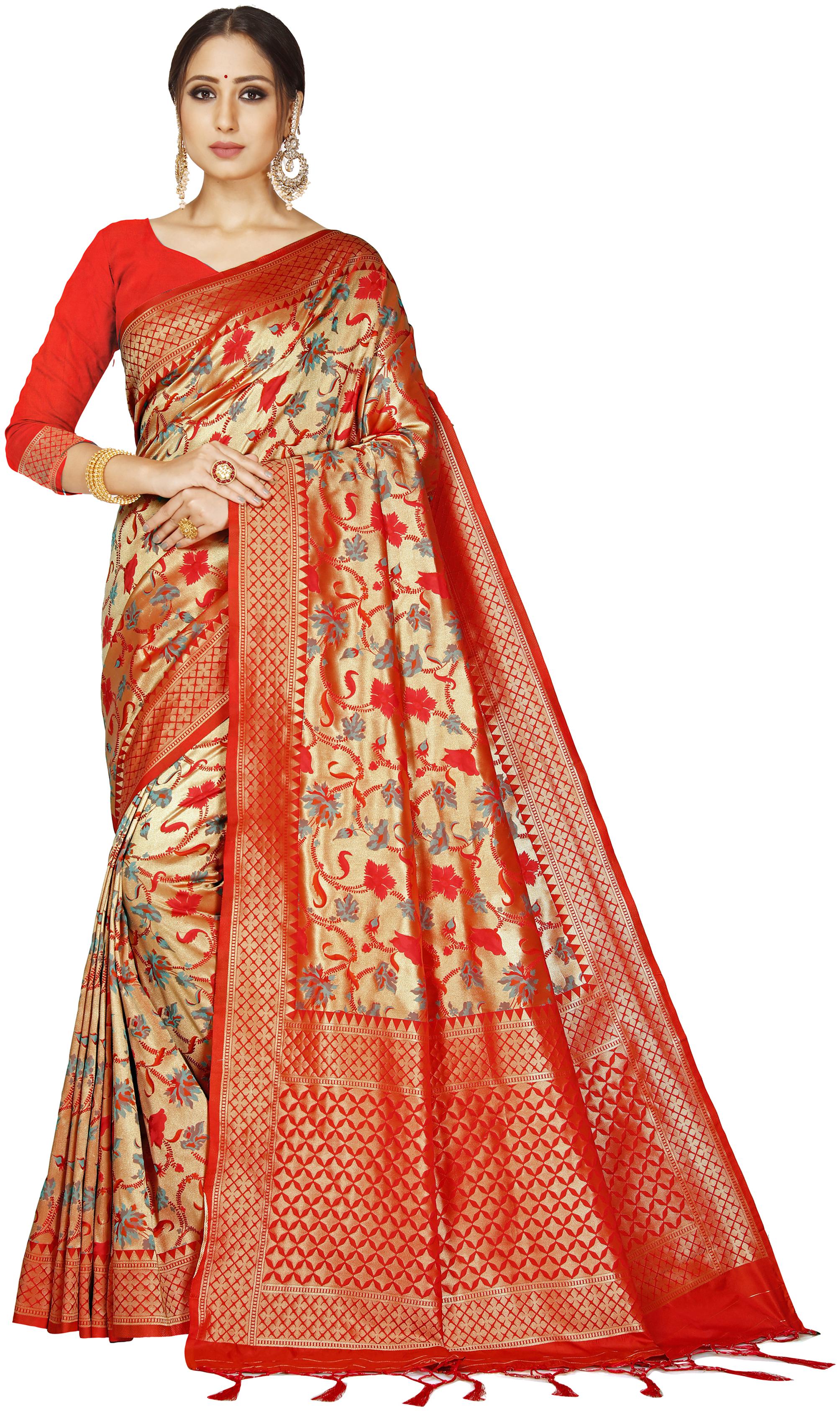

Wax Berry Women Jacquard Woven Red Regular Saree With Blouse