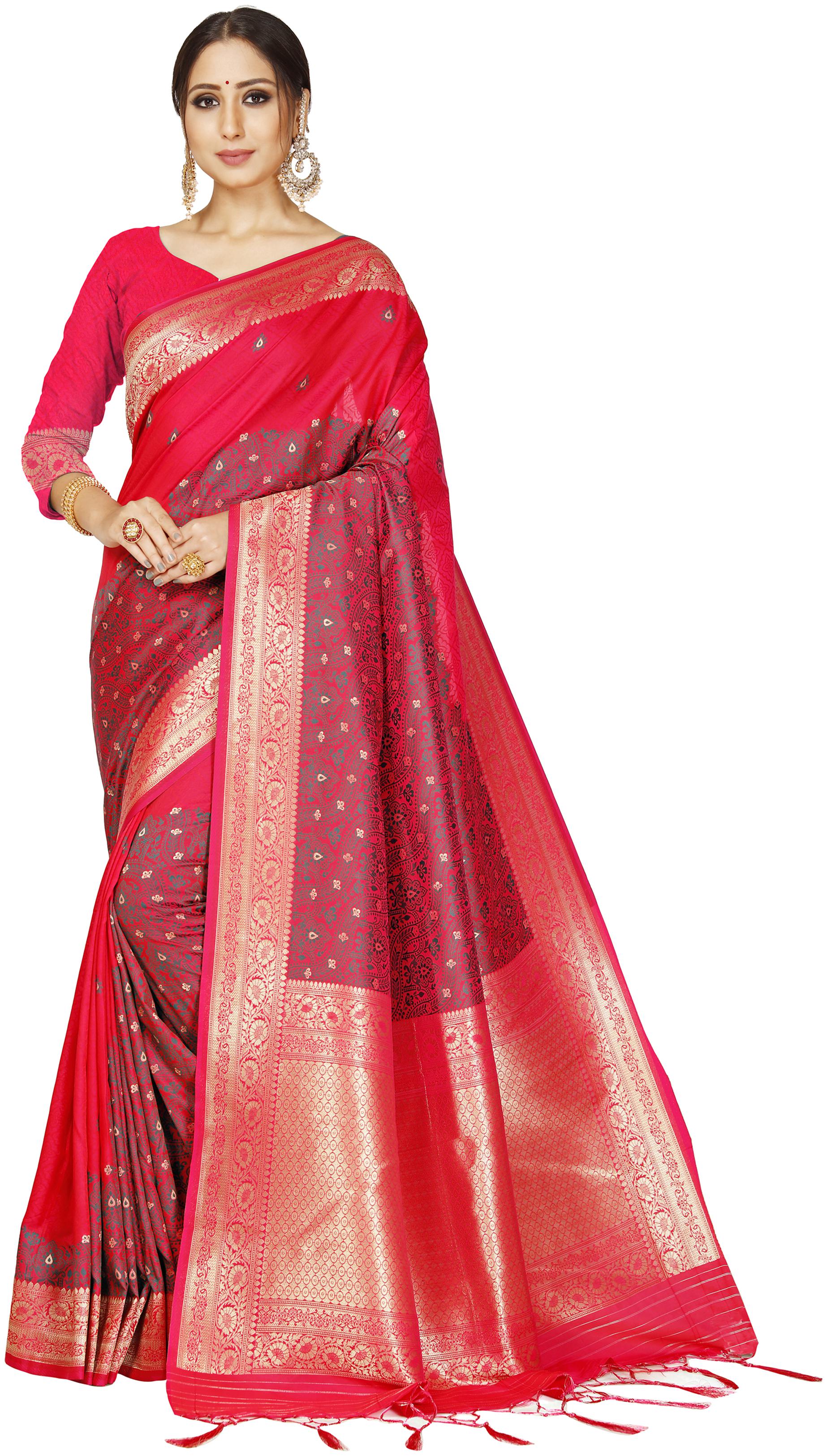 

Wax Berry Women Jacquard Woven Red Regular Saree With Blouse