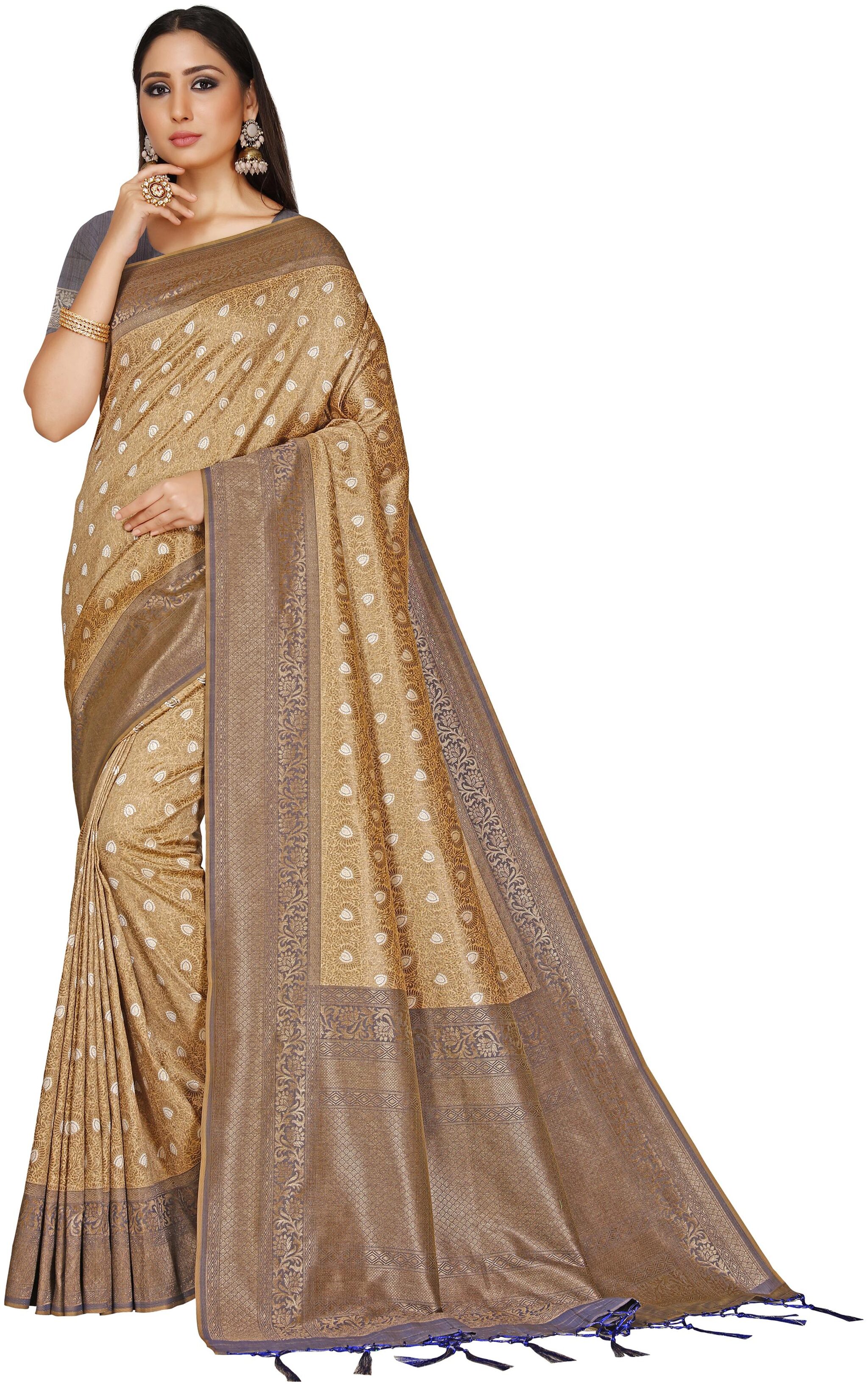 

Wax Berry Women Jacquard Woven Beige Regular Saree With Blouse