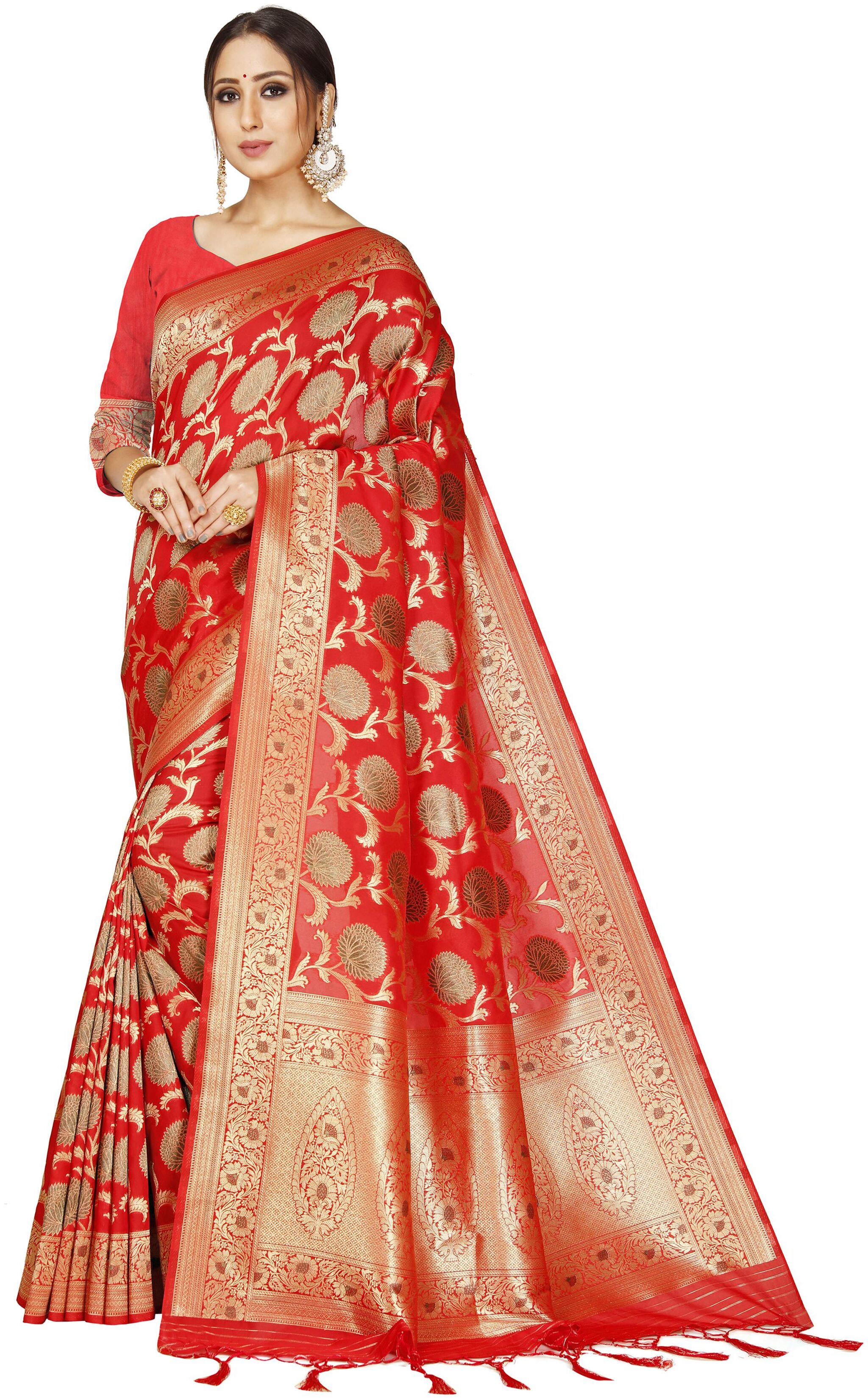 

Wax Berry Women Jacquard Woven Red Regular Saree With Blouse