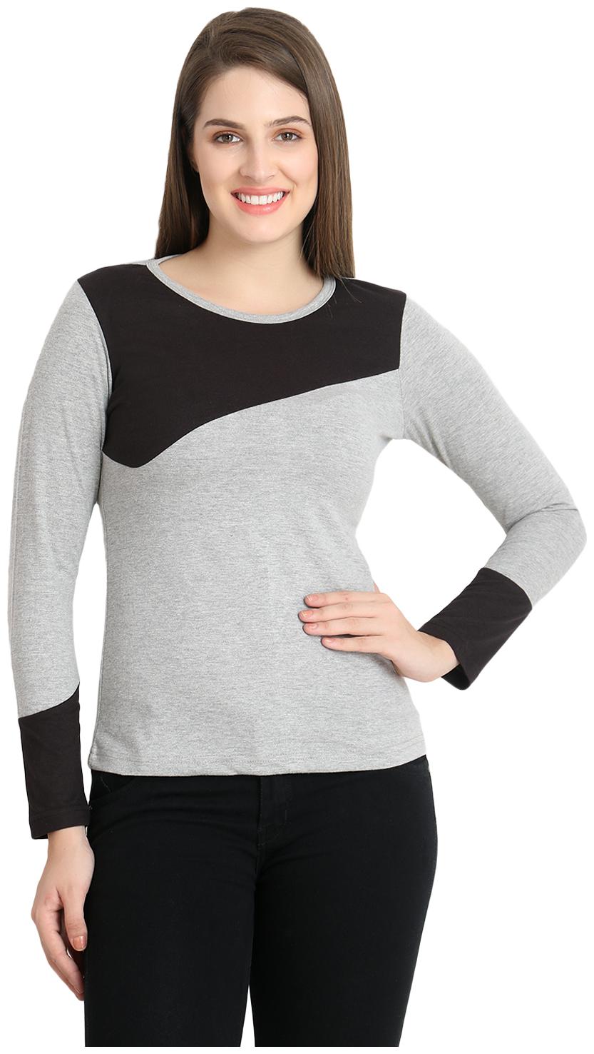 

WEFT Casual Round Neck Full Sleeve Solid Cotton Grey Black Top