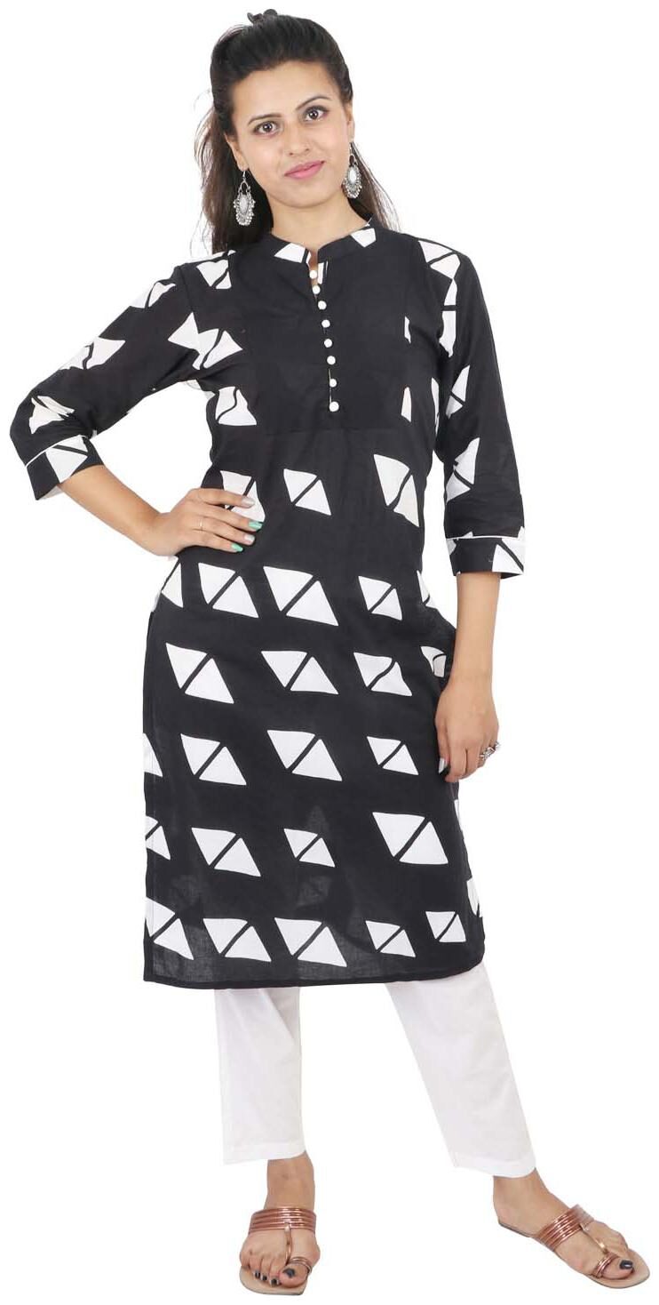 

WENZEL Women Black White Printed Straight Kurta