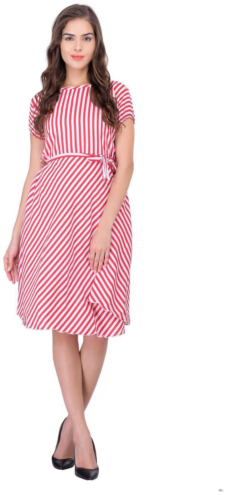 

Westrobe Women Pink White Strip Printed Crepe Midi Dress