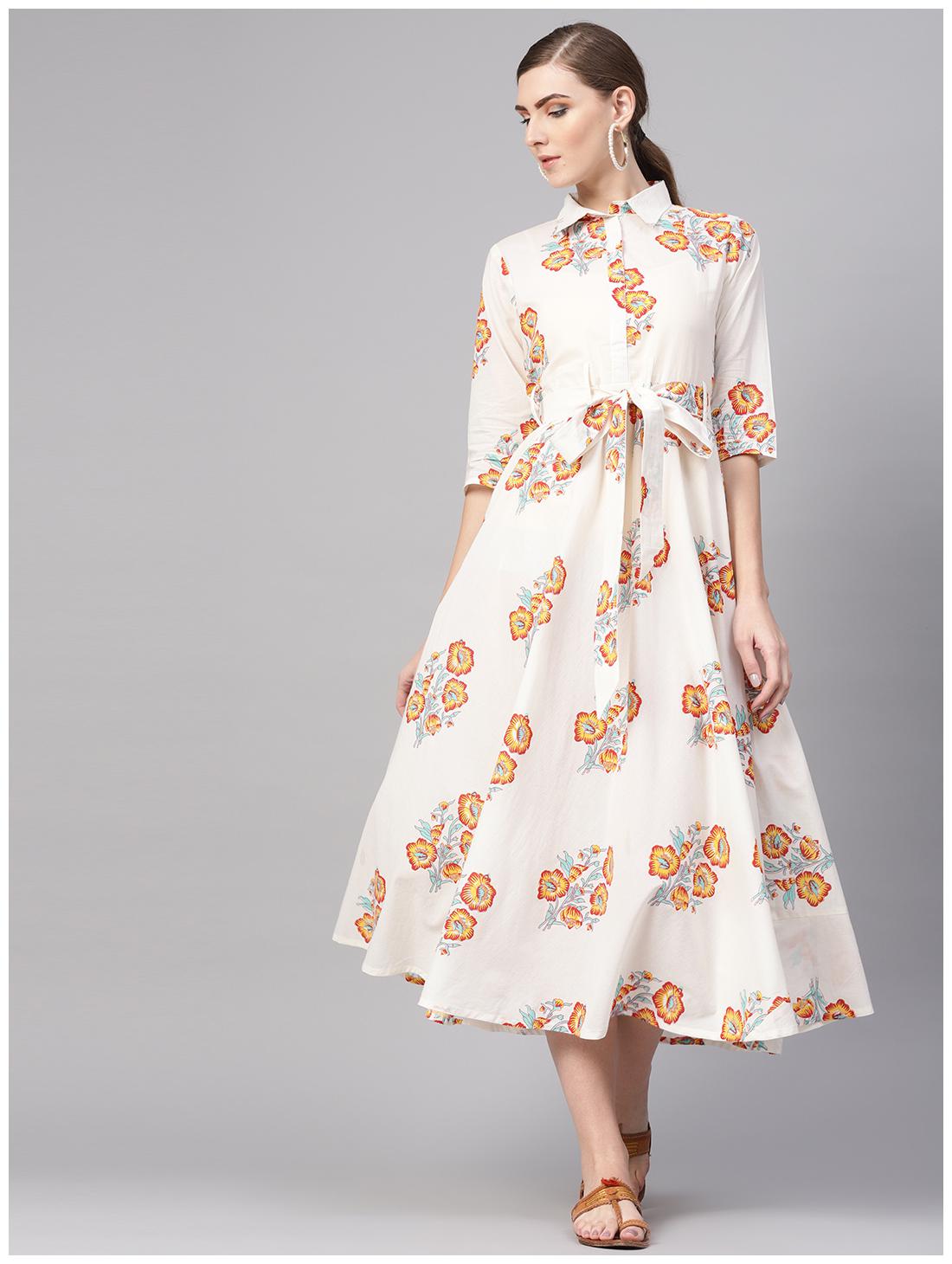 

White Cotton Printed A-line Flared Maxi Dress