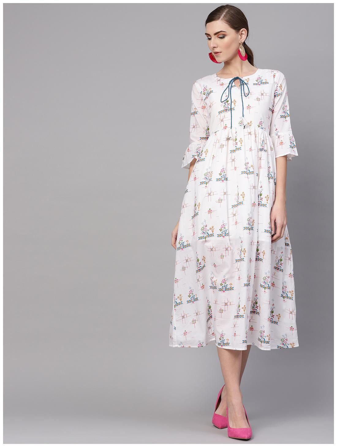 

White Cotton Printed Fit And Flared Maxi Dress