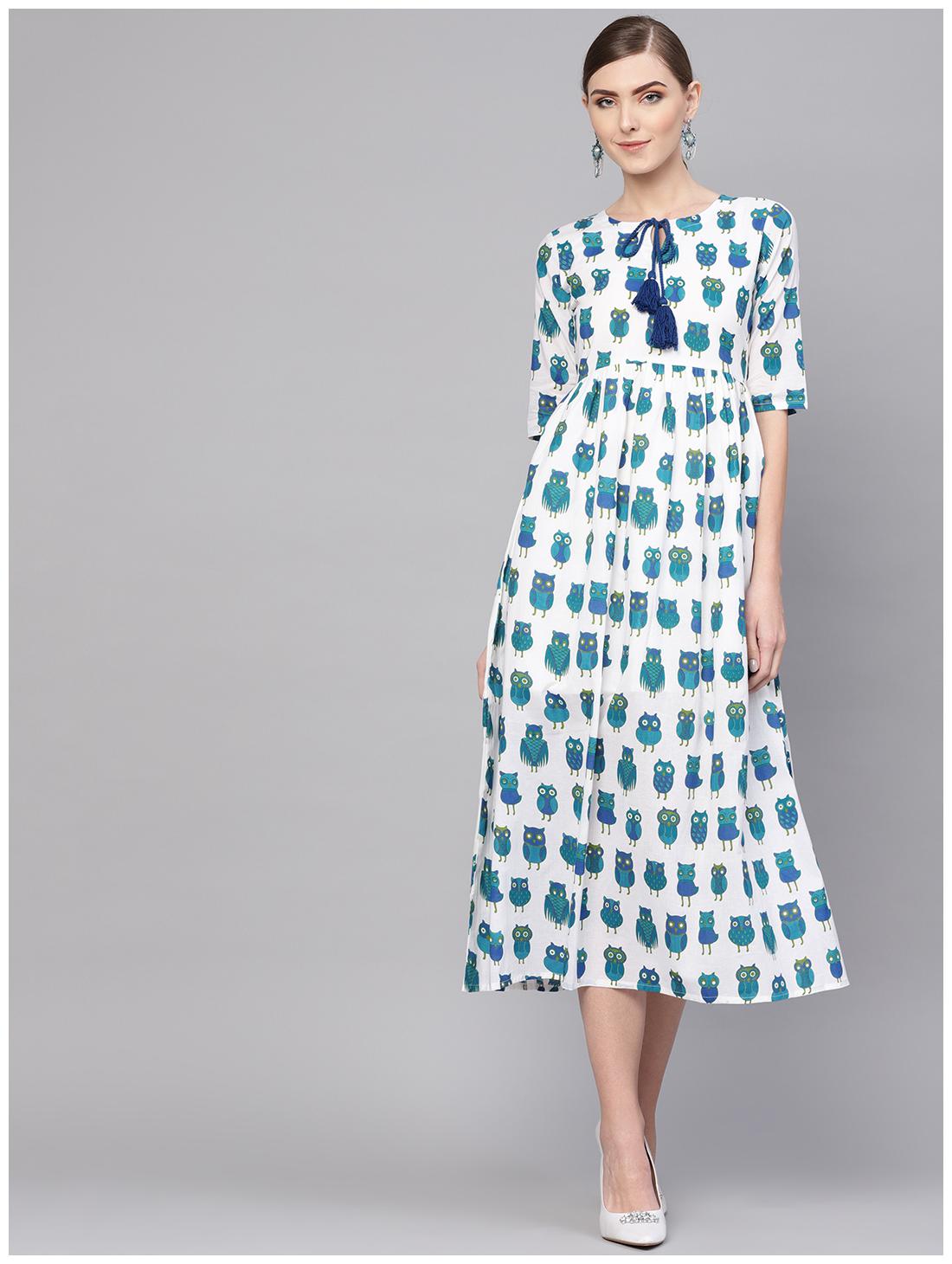 

White Cotton Printed Fit And Flared Maxi Dress