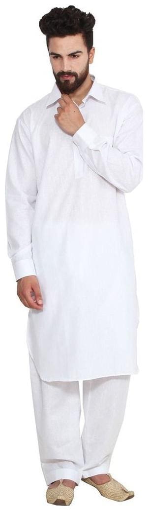White Cotton Blended Pathani Kurta And Pyjama For Men By Royal Kurta