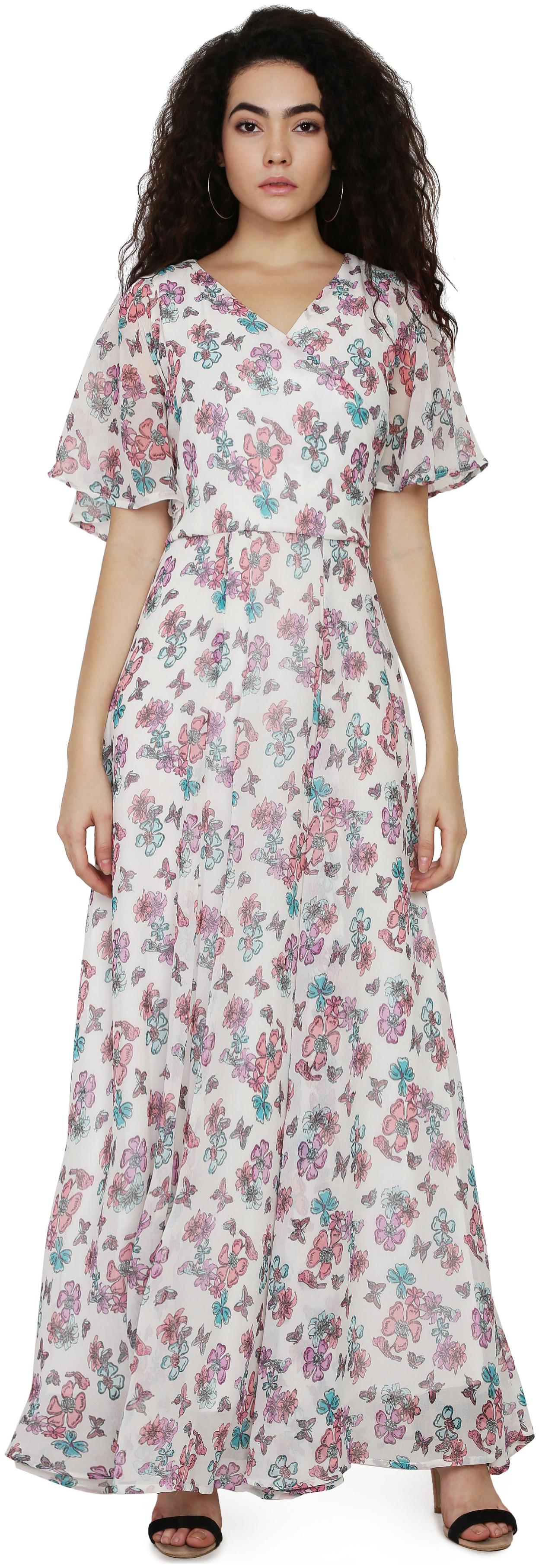 

WHITE FLOWER PRINT GOWN BELL SLEEVE GOWN