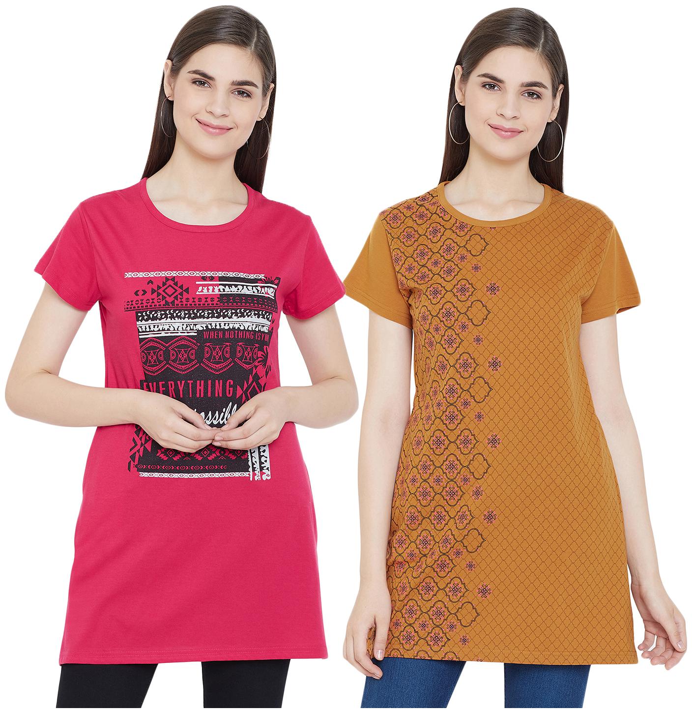 

WHITEMOON Women Pink Mustard Regular fit Round neck Cotton T shirt