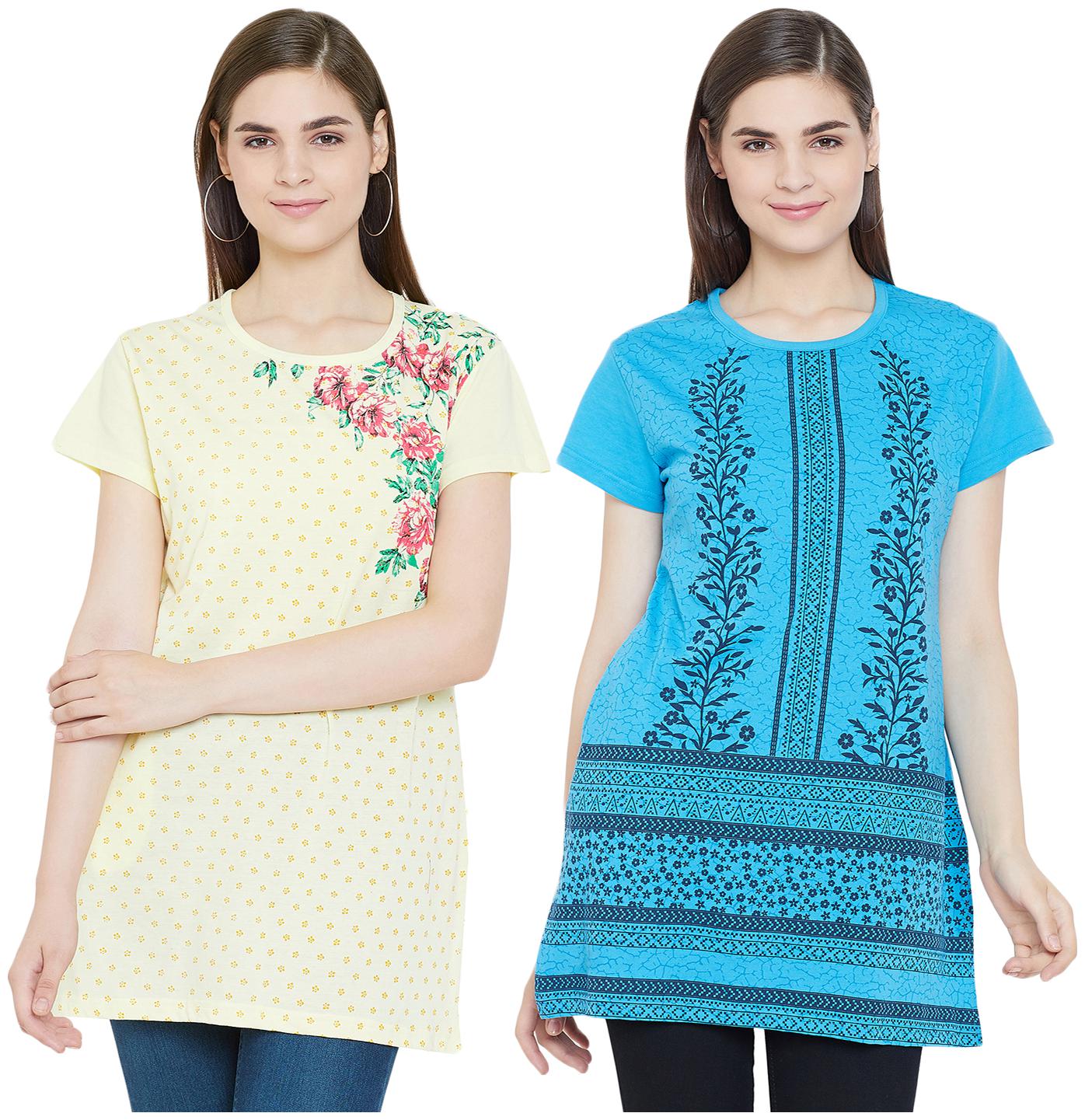 

WHITEMOON Women Yellow Turquoise Regular fit Round neck Cotton T shirt