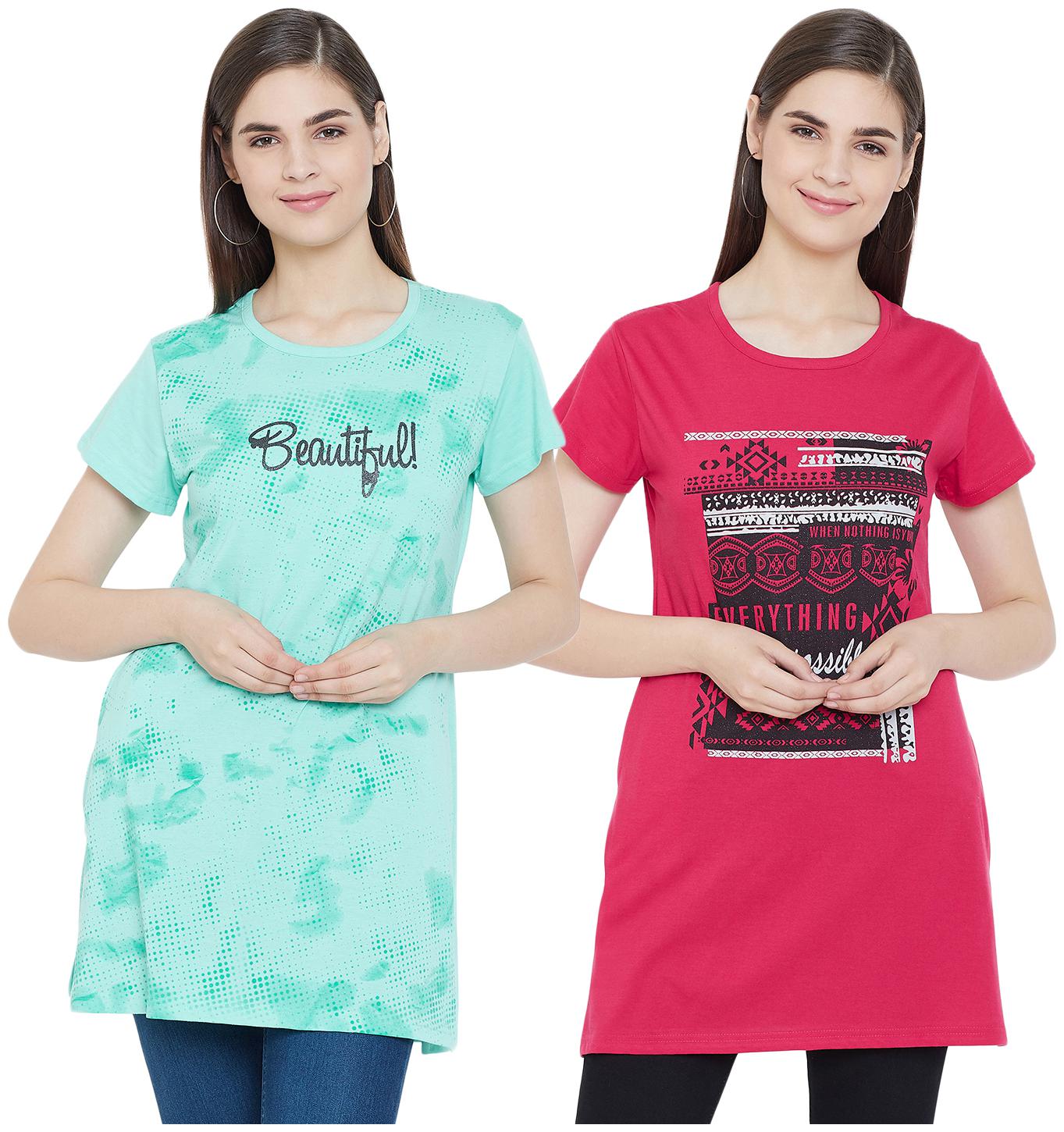 

WHITEMOON Women Green Pink Regular fit Round neck Cotton T shirt