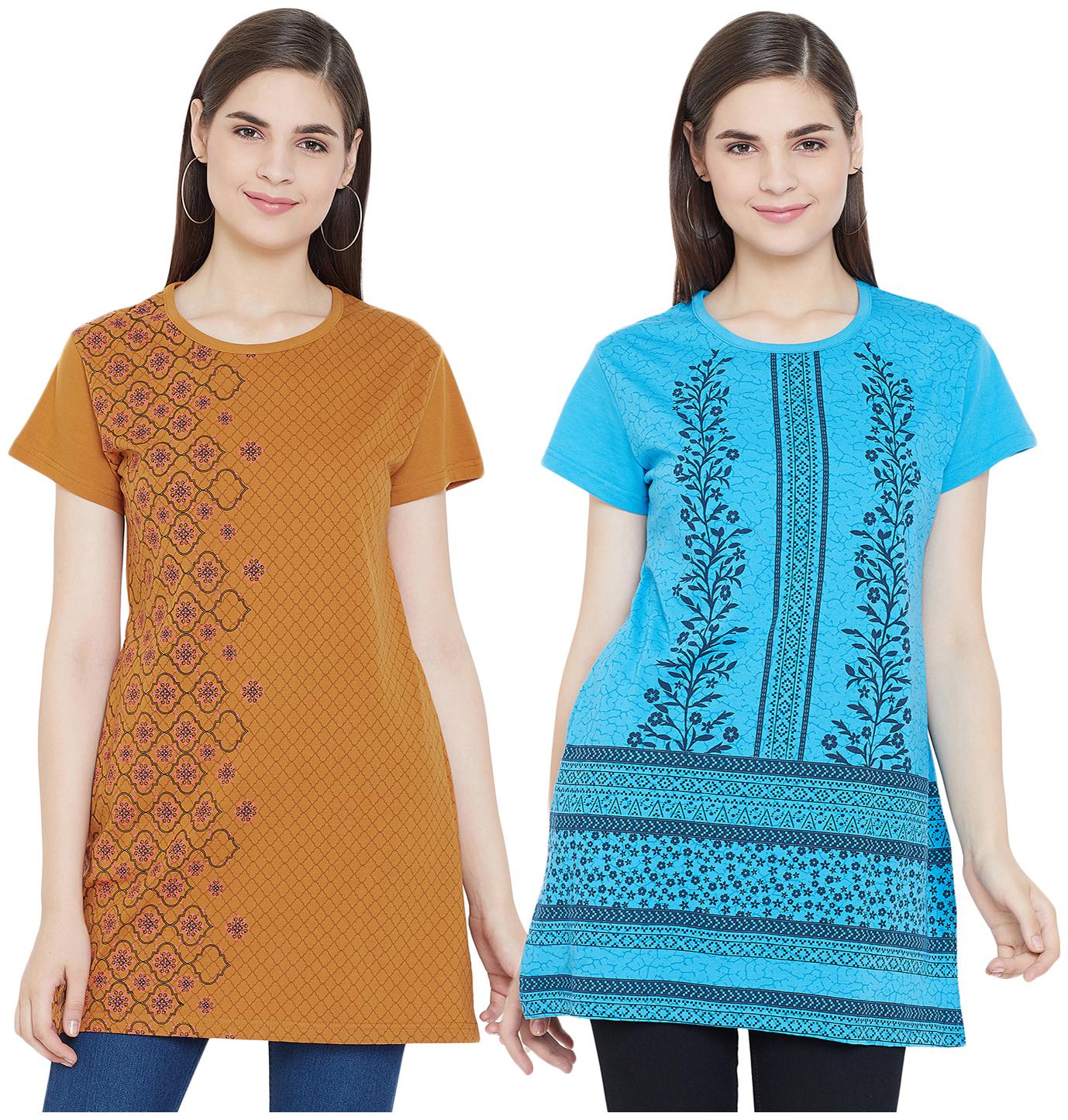 

WHITEMOON Women Mustard Turquoise Regular fit Round neck Cotton T shirt