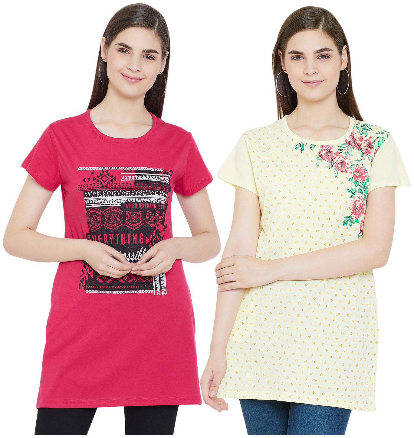 

WHITEMOON Women Pink Yellow Regular fit Round neck Cotton T shirt