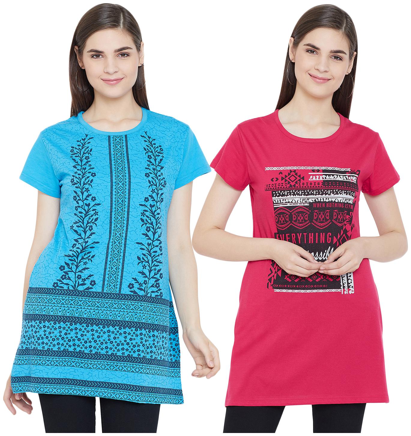 

WHITEMOON Women Pink Turquoise Regular fit Round neck Cotton T shirt
