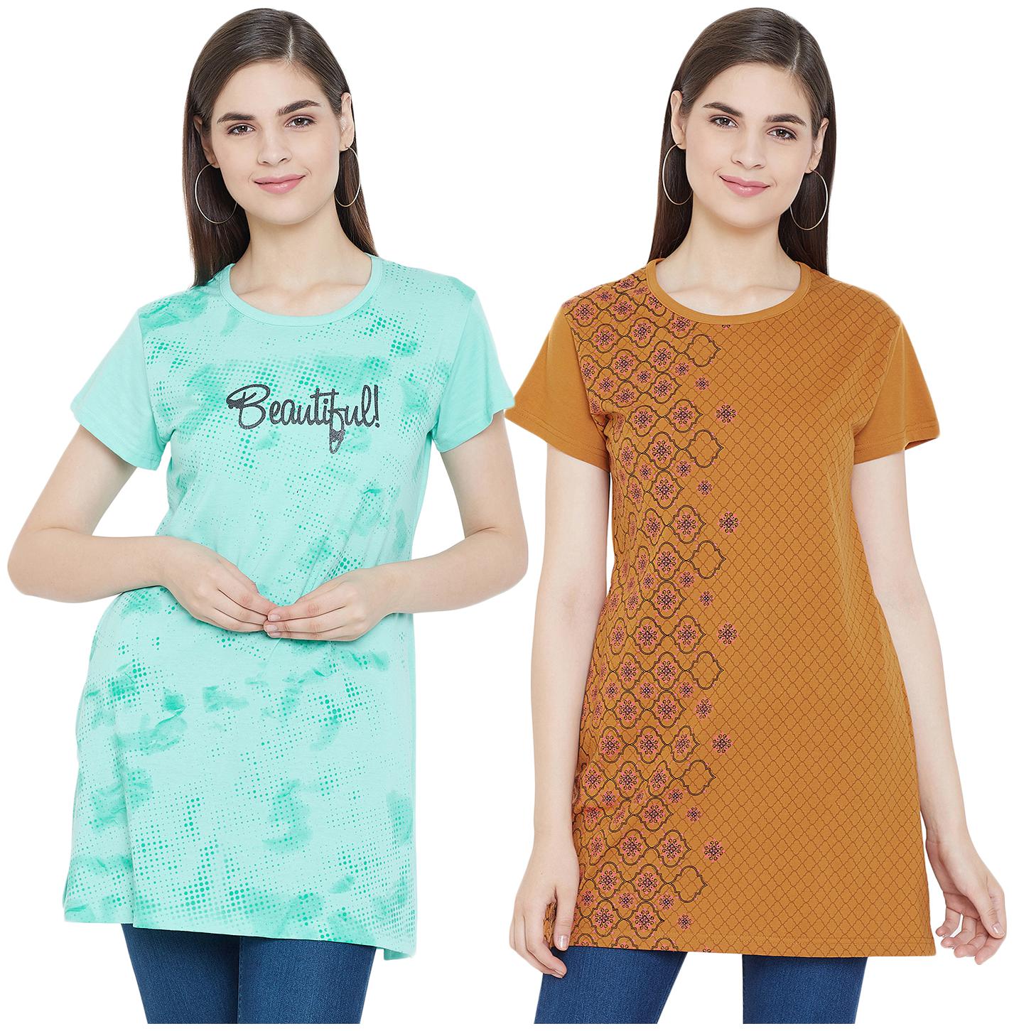 

WHITEMOON Women Green Mustard Regular fit Round neck Cotton T shirt