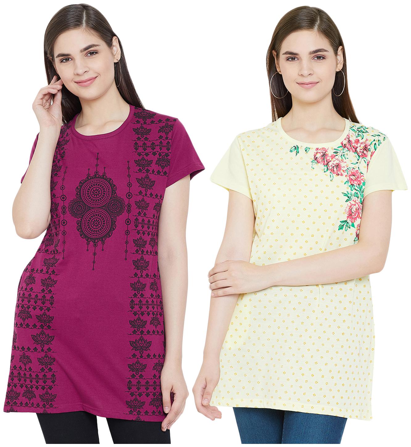 

WHITEMOON Women Pink Yellow Regular fit Round neck Cotton T shirt