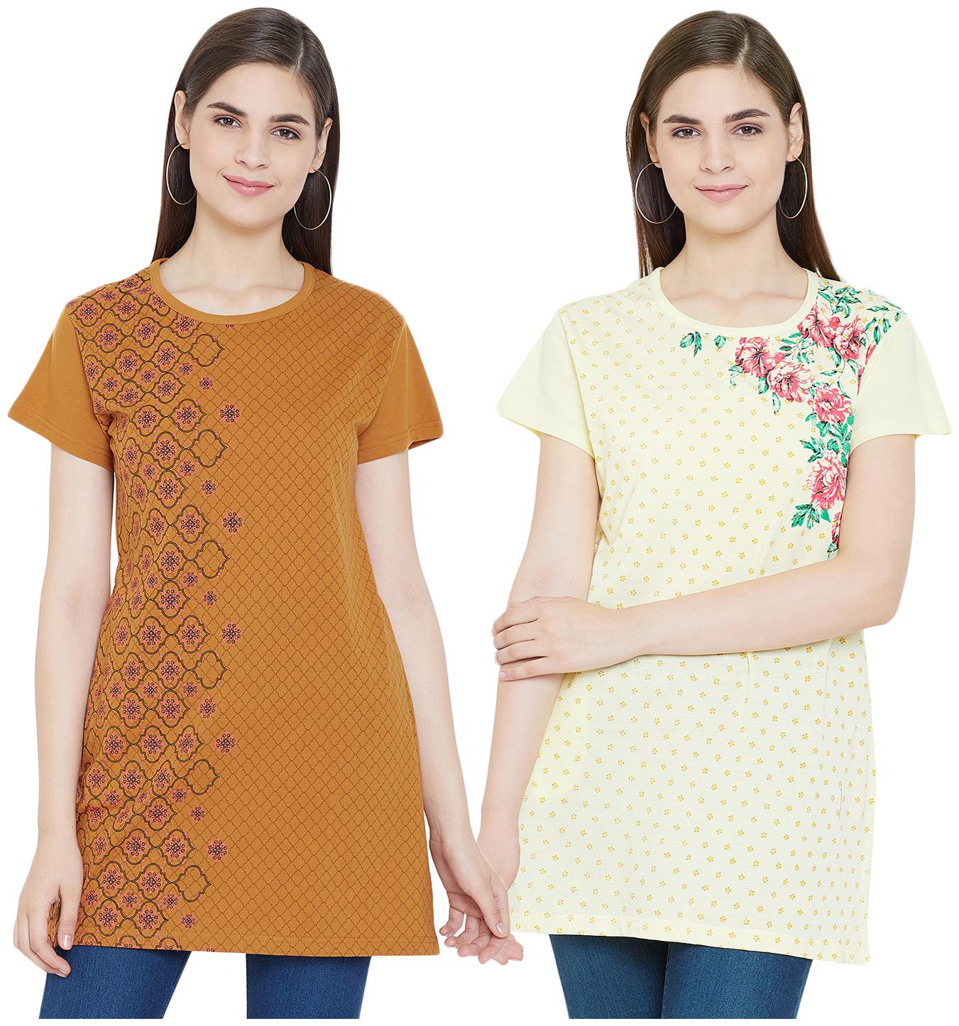 

WHITEMOON Women Mustard Yellow Regular fit Round neck Cotton T shirt