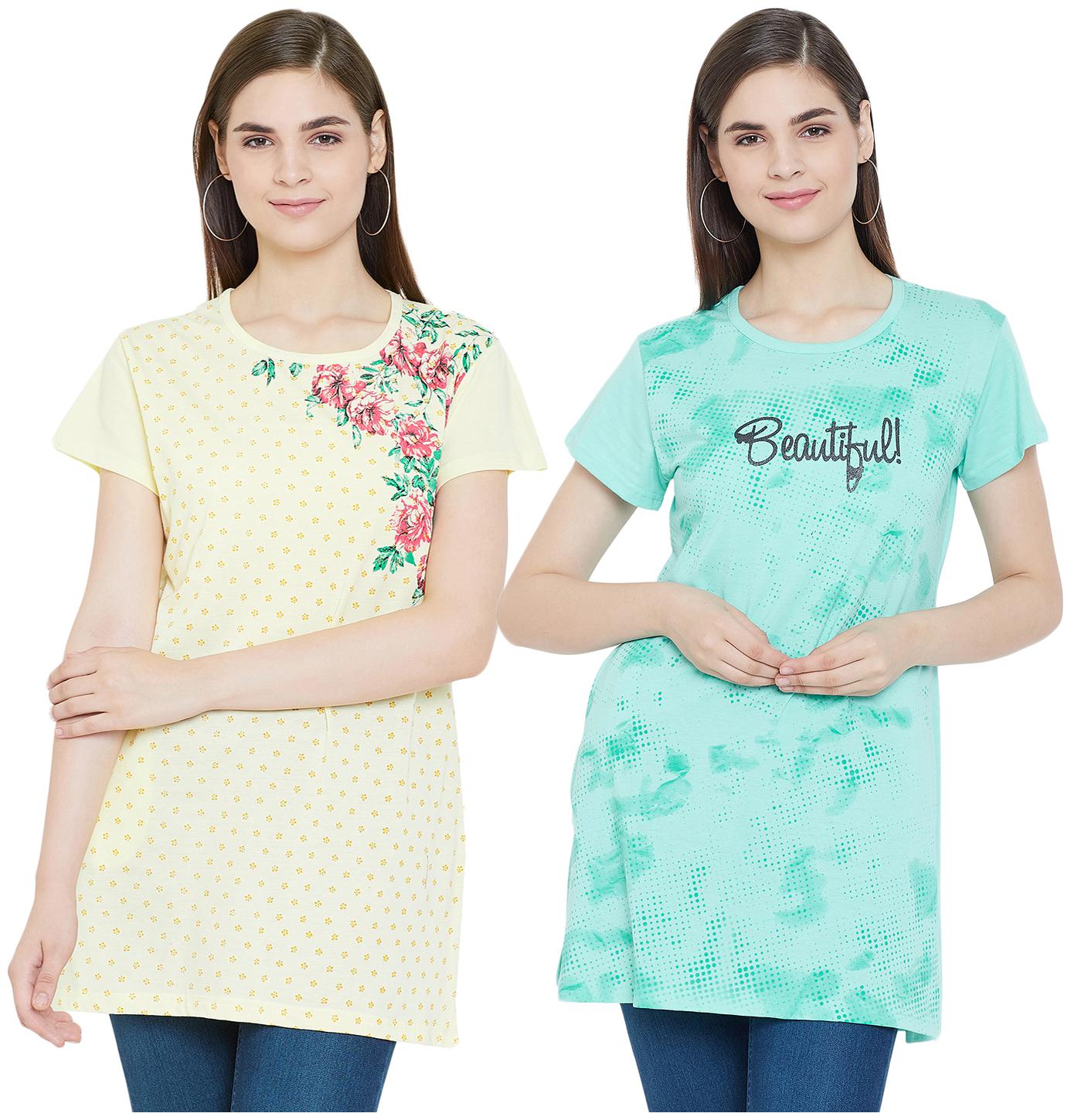 

WHITEMOON Women Yellow Green Regular fit Round neck Cotton T shirt