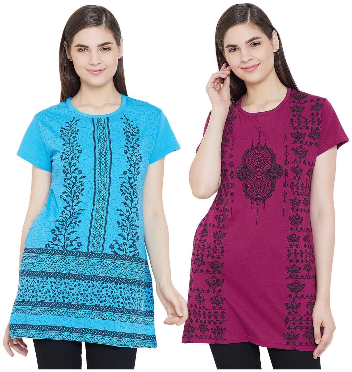 

WHITEMOON Women Turquoise Pink Regular fit Round neck Cotton T shirt