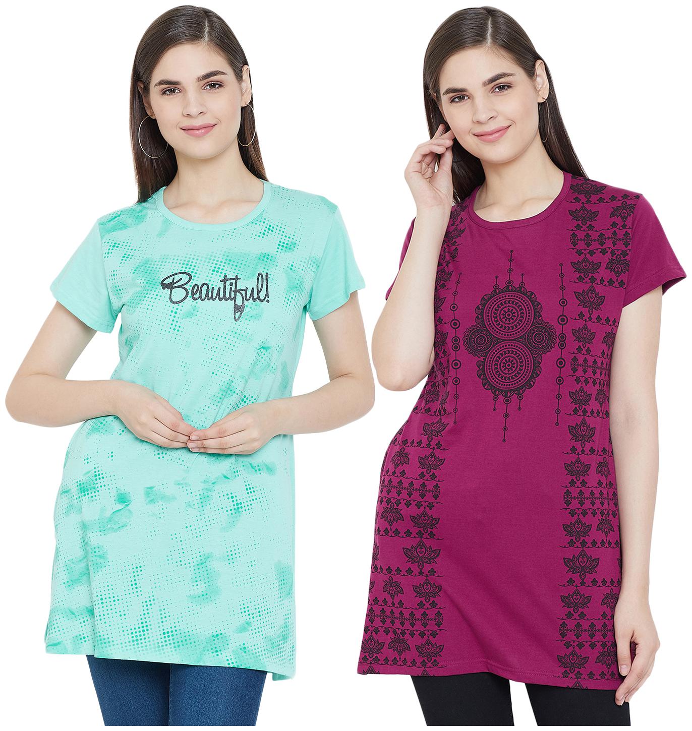 

WHITEMOON Women Green Pink Regular fit Round neck Cotton T shirt